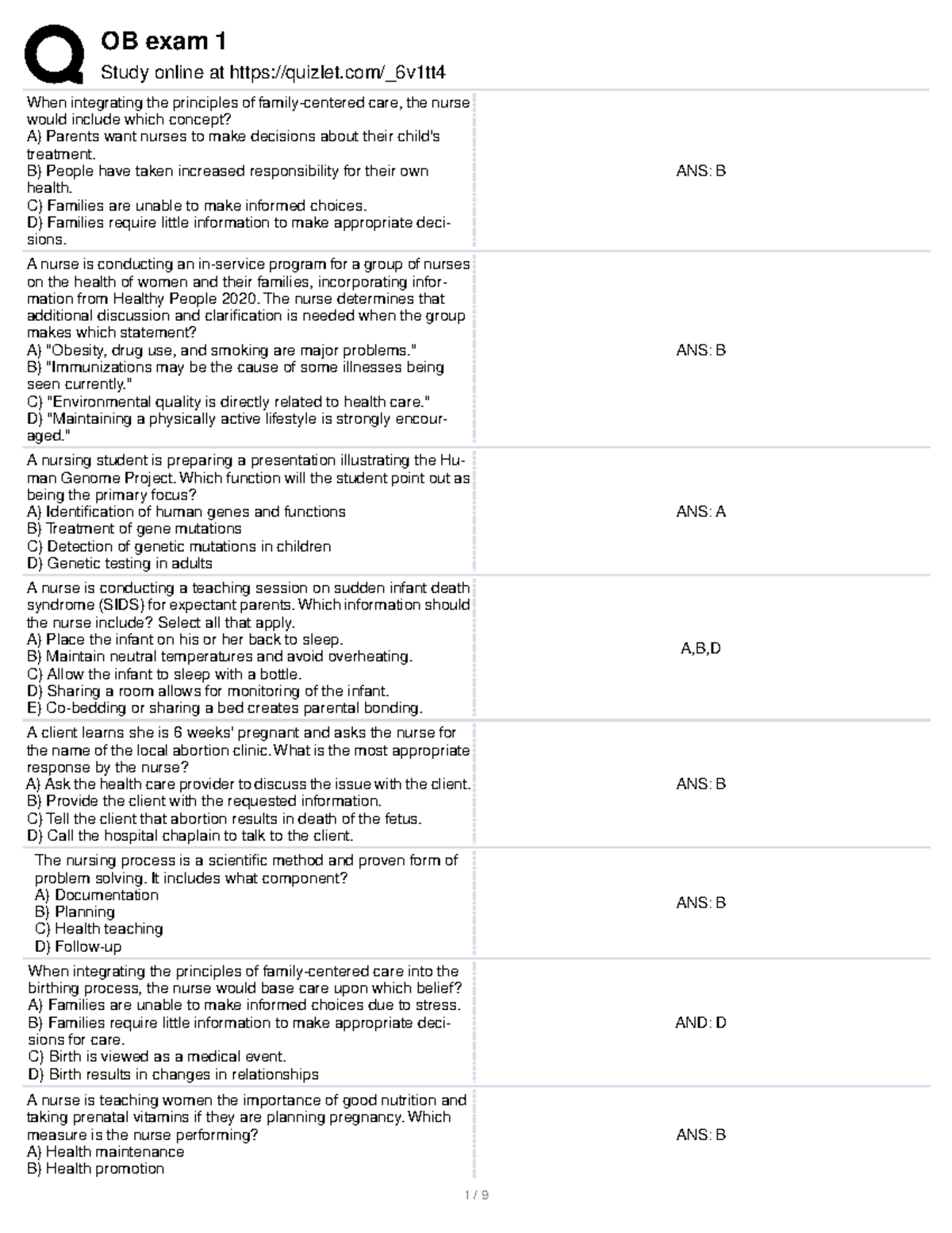 OB Nursing Exam 1 Quizlet: Overview and Key Study Notes - Studocu