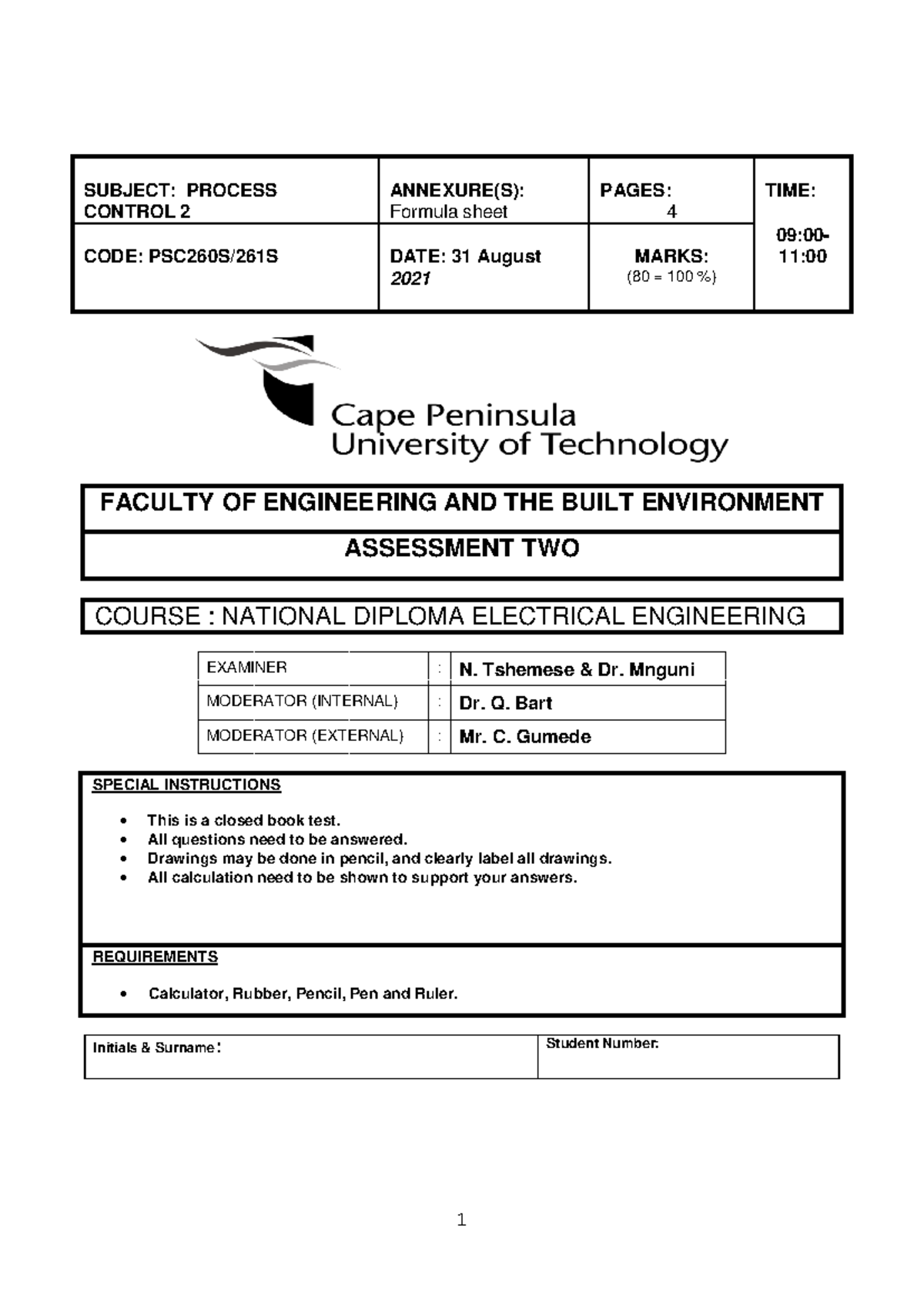 Process Control 2: Test 3 Formula Sheet - August 2021 - Studocu