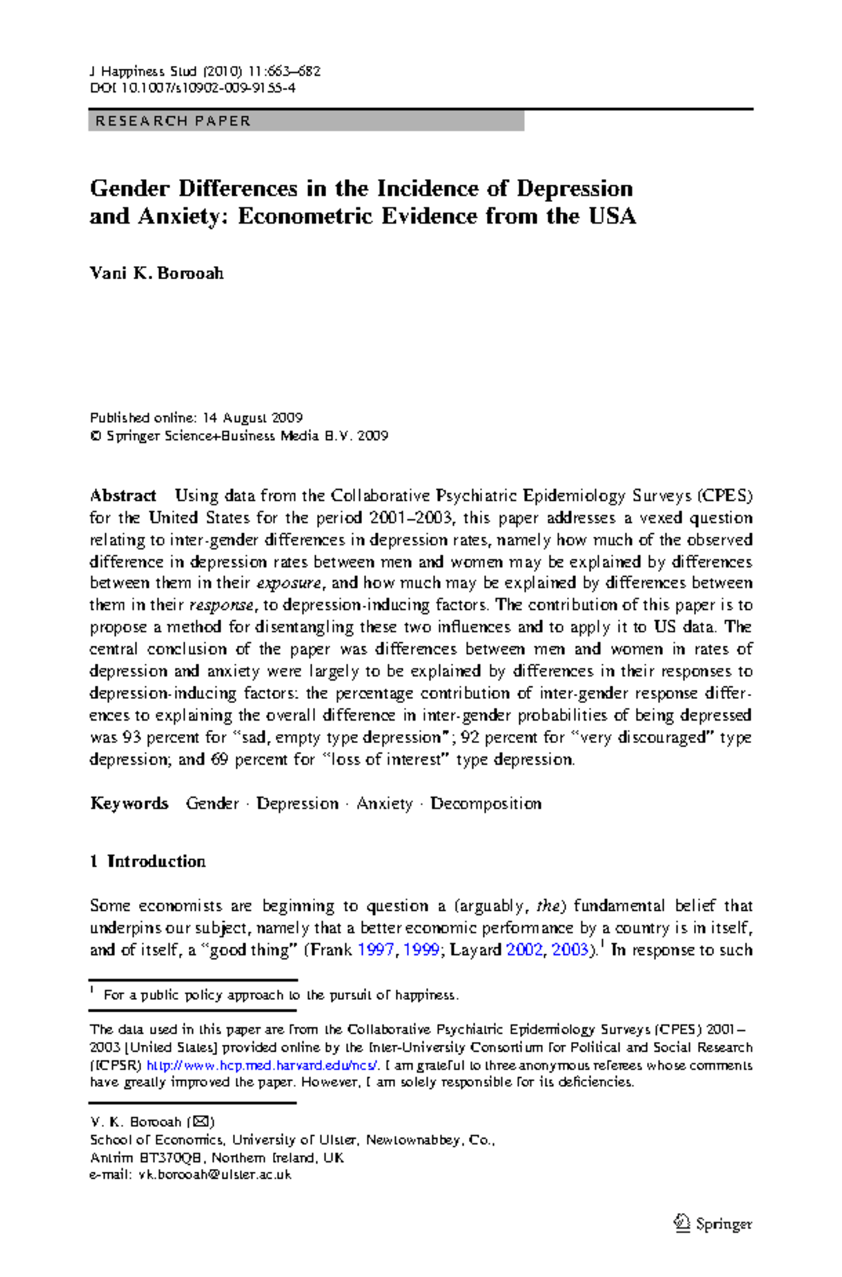 Gender Differences in Depression and Anxiety: Evidence from CPES 2001 ...