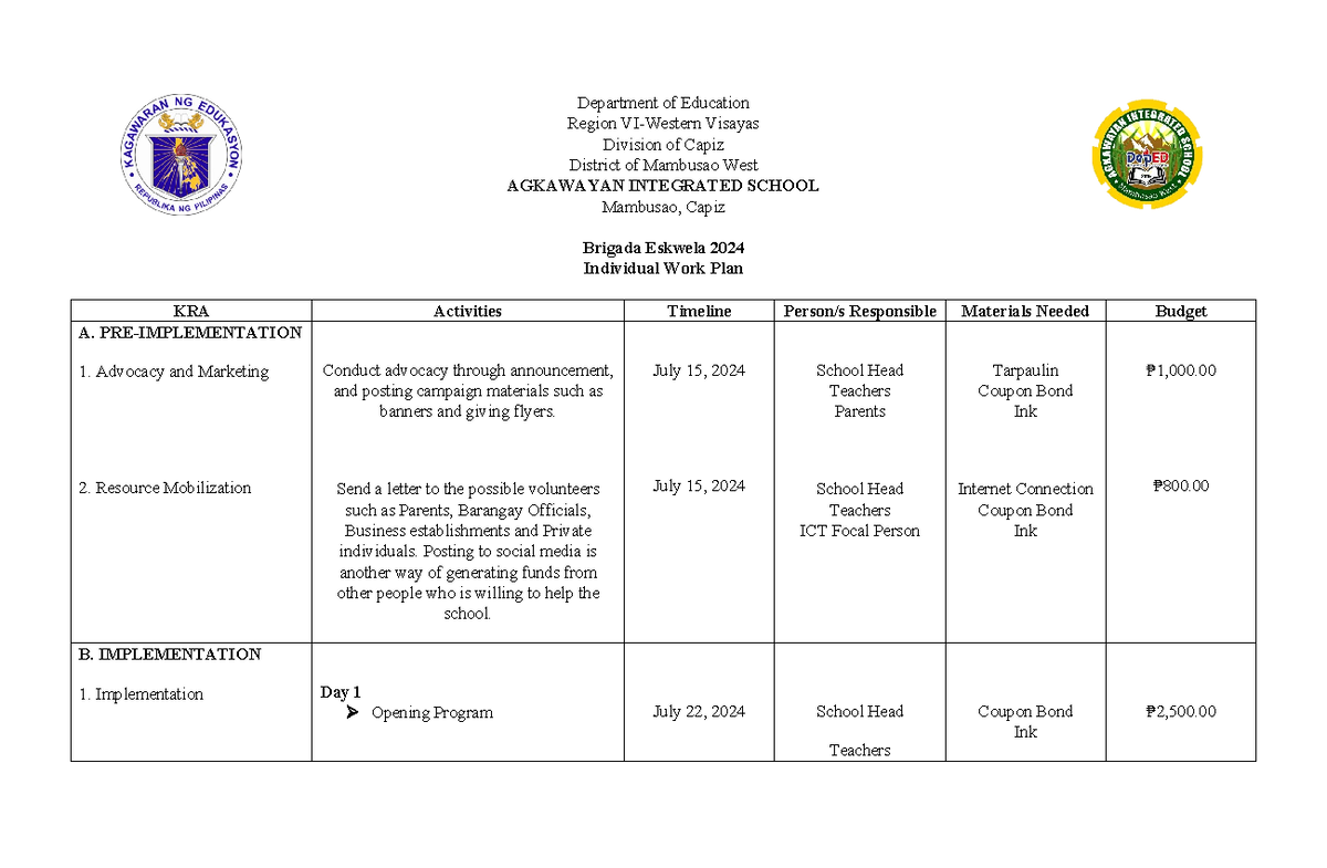 Individual Work Plan for Brigada Eskwela 2024 - AGKAWAYAN IS - Studocu