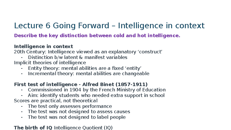 Lecture 6: Understanding Cold and Hot Intelligence in Context - Studocu