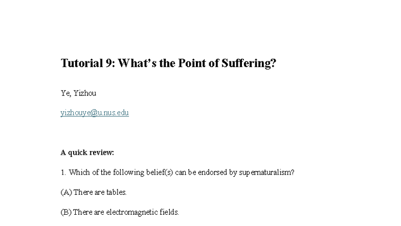 Tutorial 9: Exploring the Point of Suffering in Philosophy - Studocu