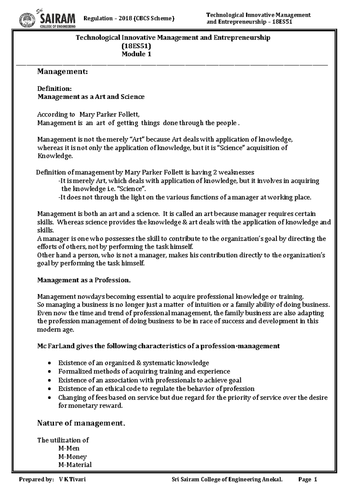 Module 1 - Lecture notes 1 - Technological Innovative Management and ...