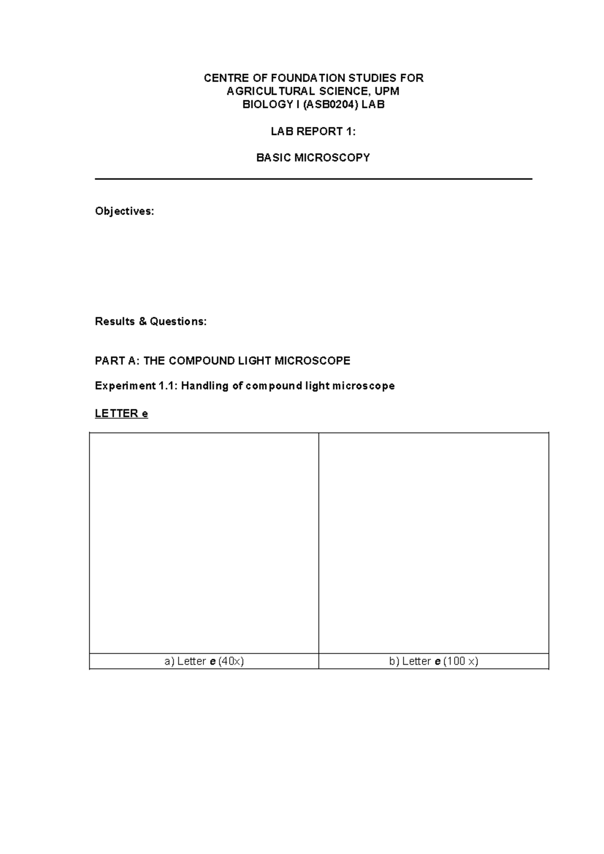 Biology I (ASB0204) Lab Report 1: Basic Microscopy Techniques - Studocu