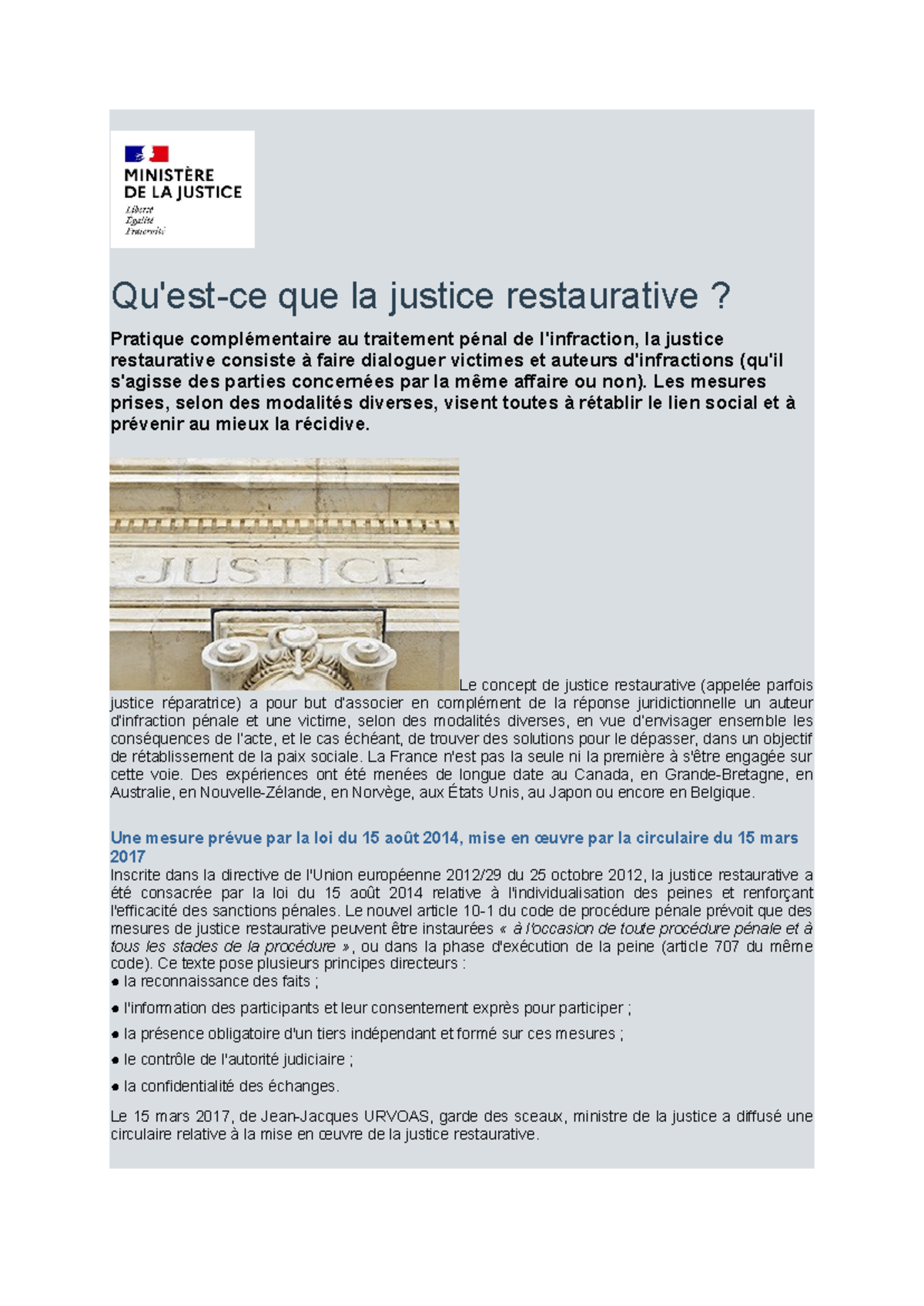 La justice restaurative : Pratique et enjeux en droit pénal - Studocu