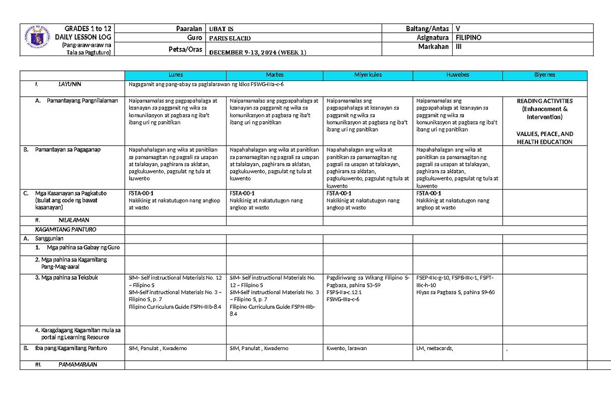 Grade 5 DLL Filipino 5 Q3 Week 1 - GRADES 1 to 12 DAILY LESSON LOG ...
