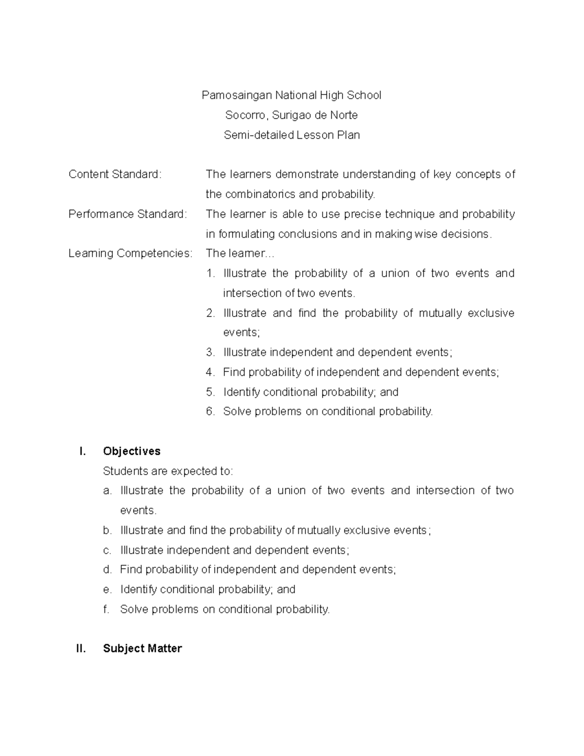 MATH10 Compound Events Probability Lesson Plan - Studocu