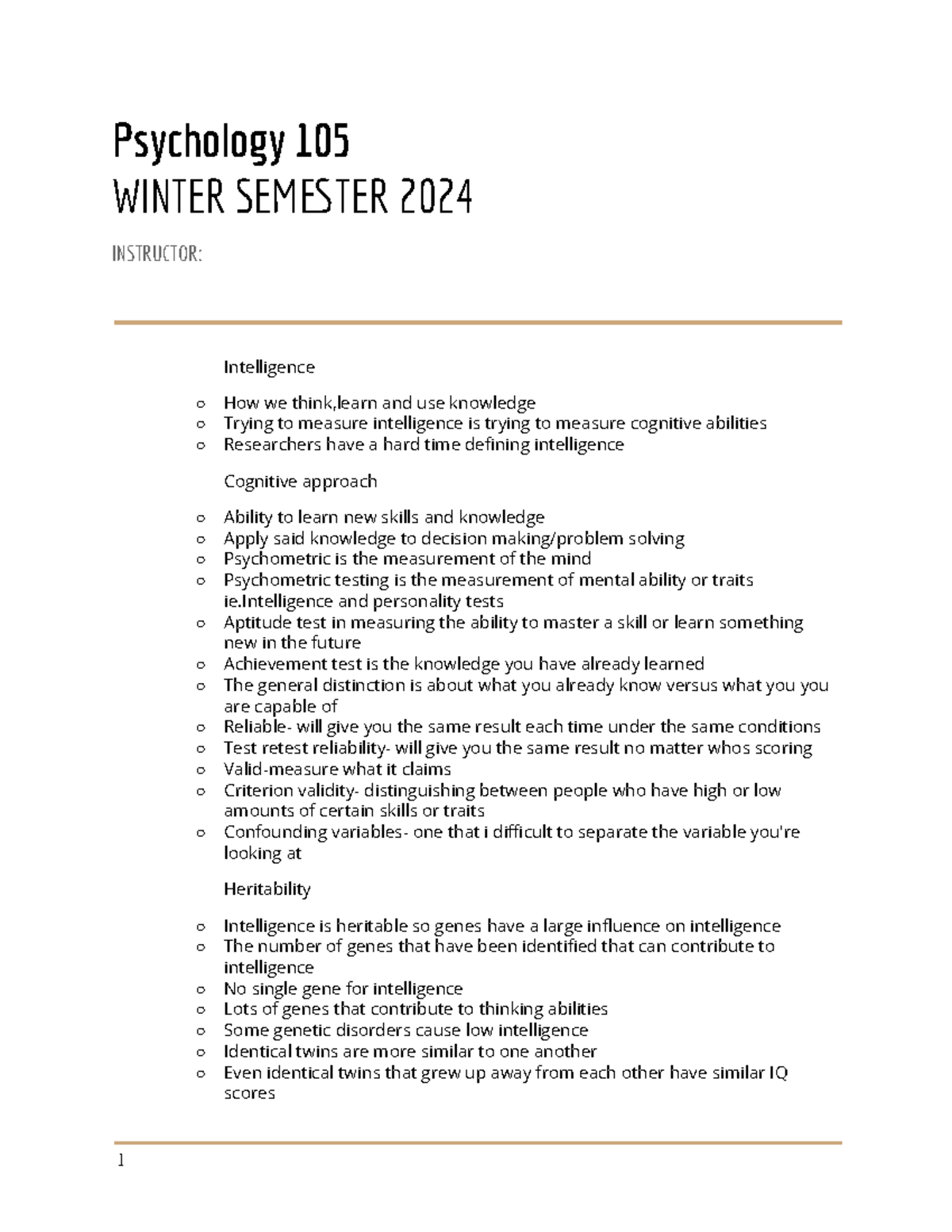 Psychology 105 - IQ Chapter 9 Notes for Winter Semester - Studocu