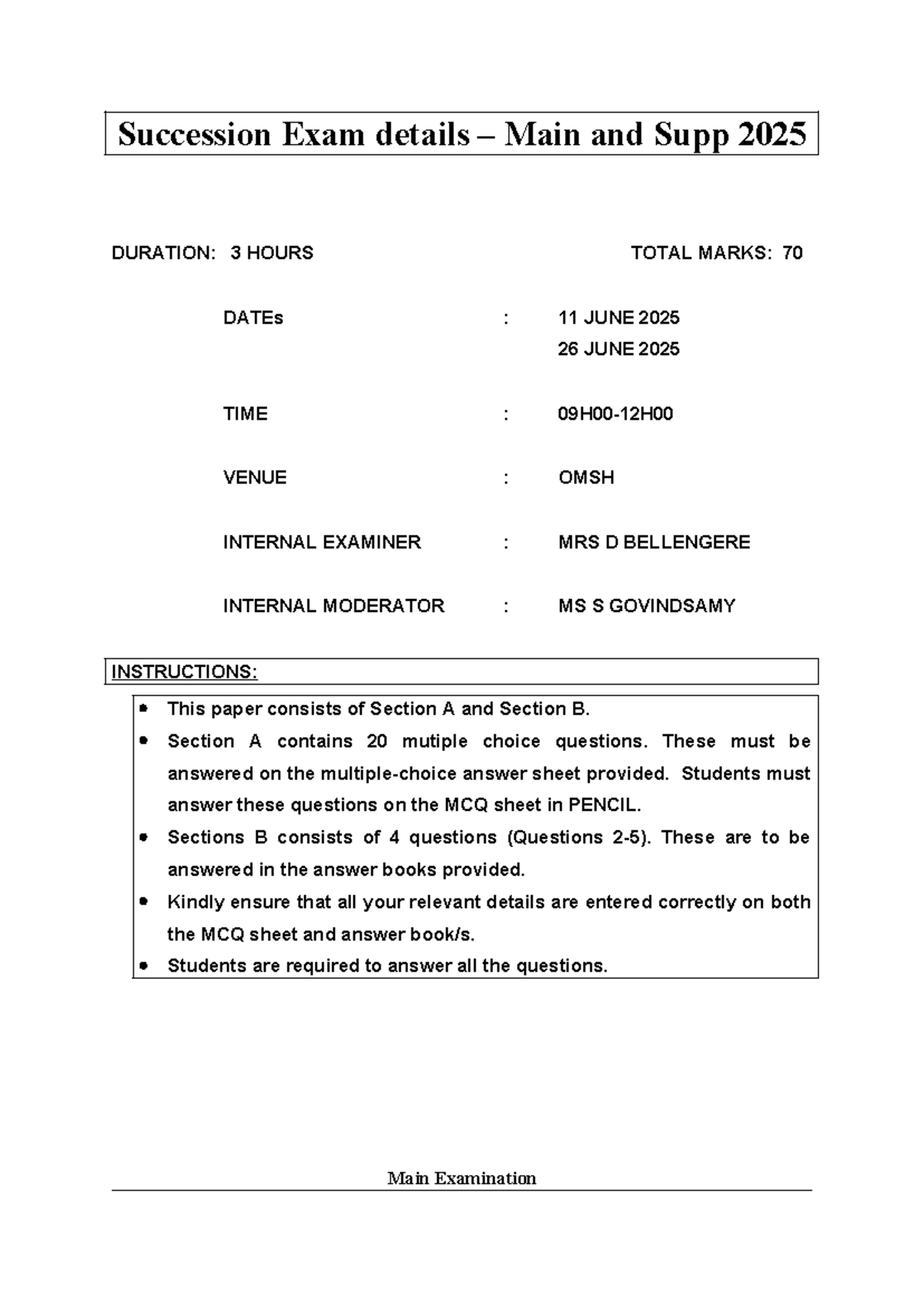 Succession Exam Details 2025: Main & Supp (3 Hours, 70 Marks) - Studocu