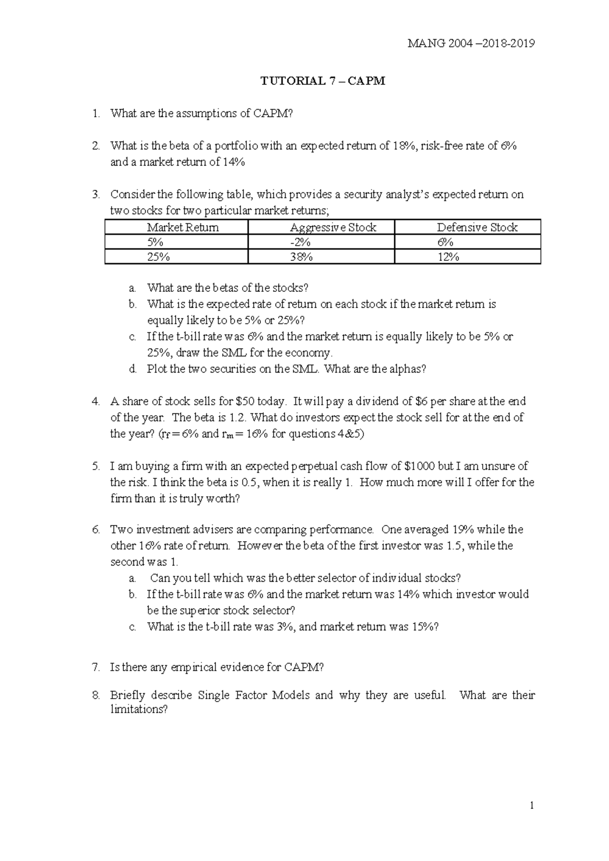 Tutorial 8 CAPM questions - MANG 2004 –2018- 1 TUTORIAL 7 – CAPM What ...
