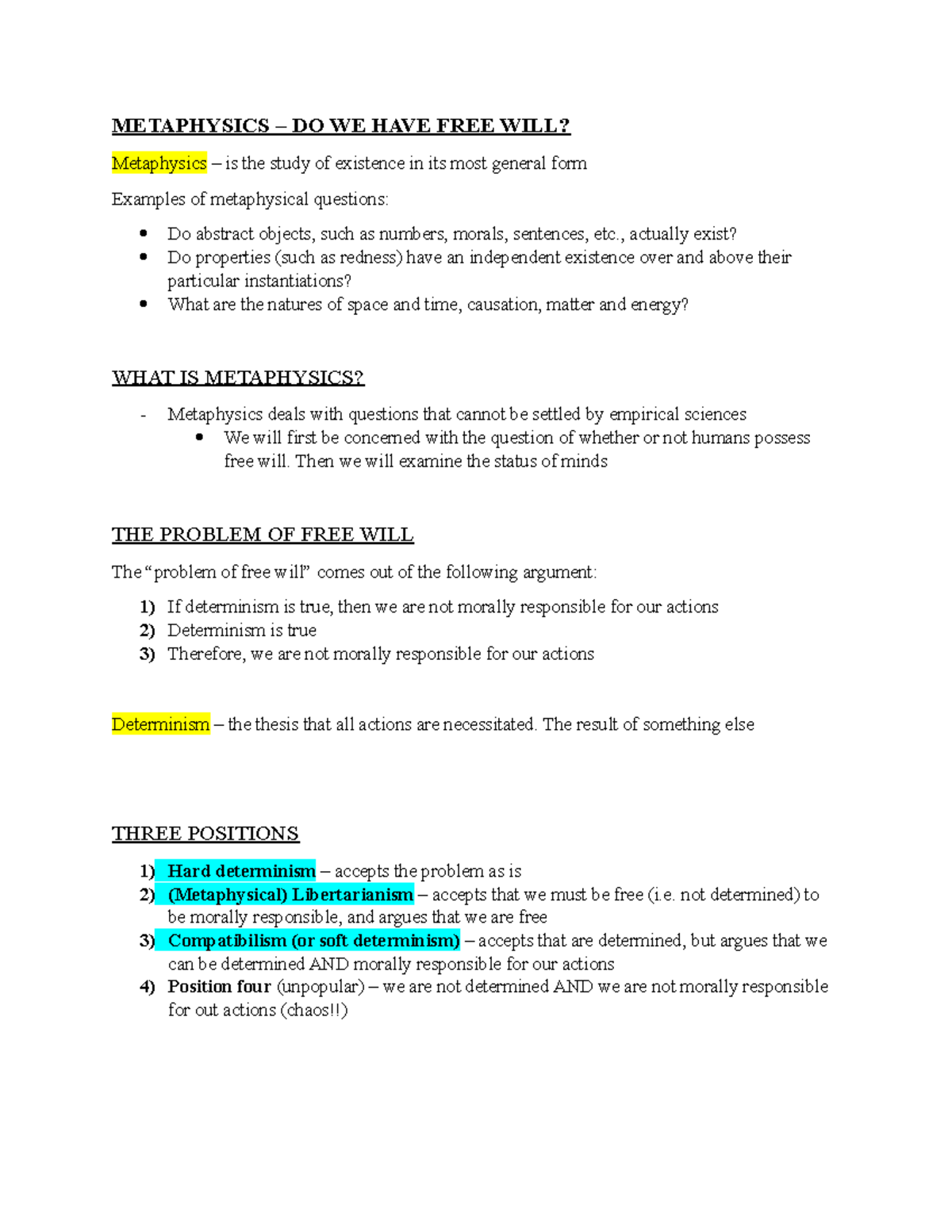 Metaphysics (PHIL 101) - Examining Free Will and Moral Responsibility ...