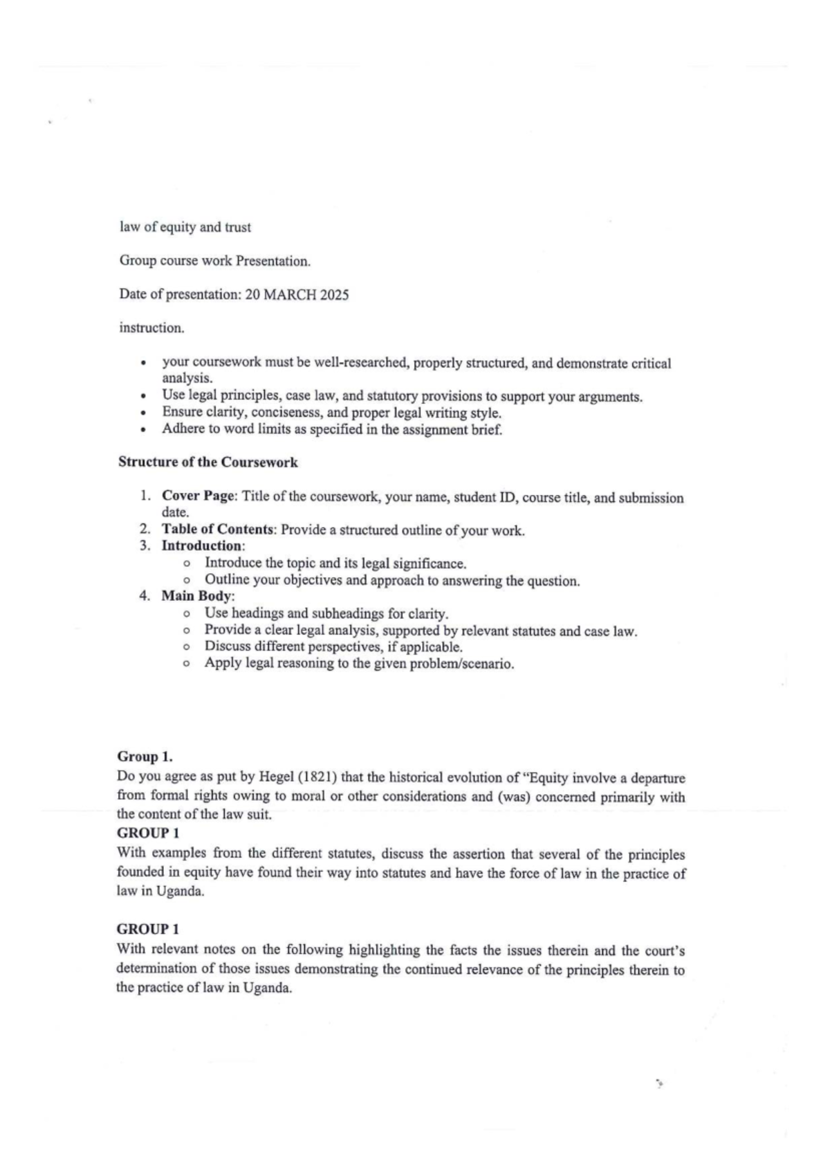 Equity & Trusts LLB II: Group Coursework Presentation Guidelines - Studocu