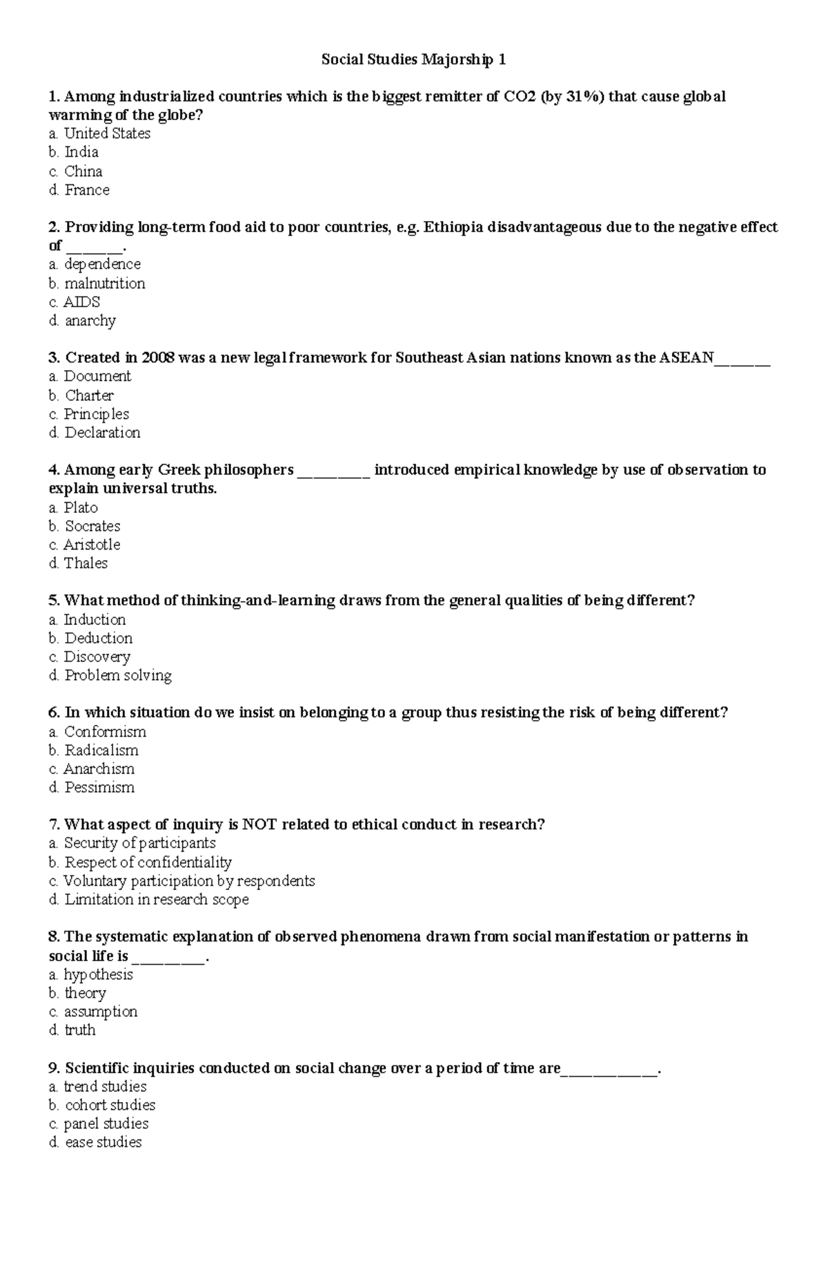 RHA Social Studies Major 1: Quiz on Key Concepts and Theories - Studocu