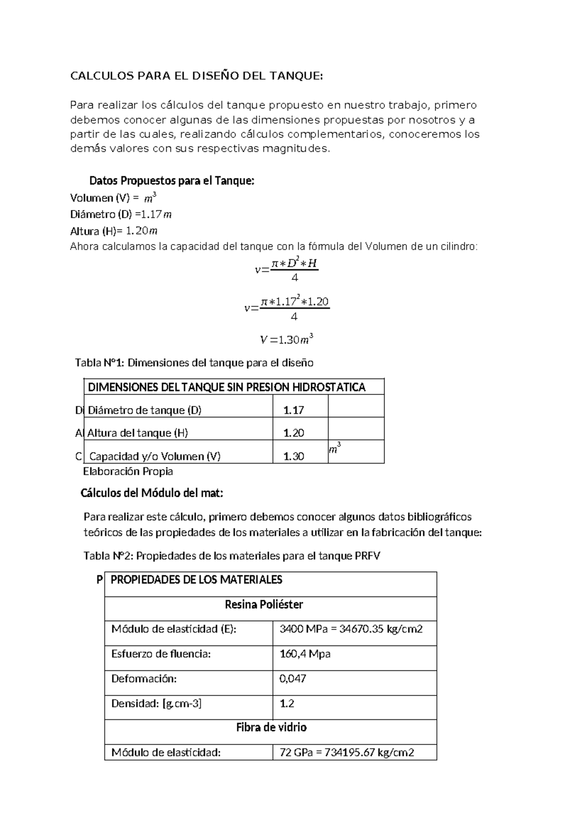 Cálculos para el Diseño de Tanque de PRFV: Dimensiones y Propiedades - Document Preview