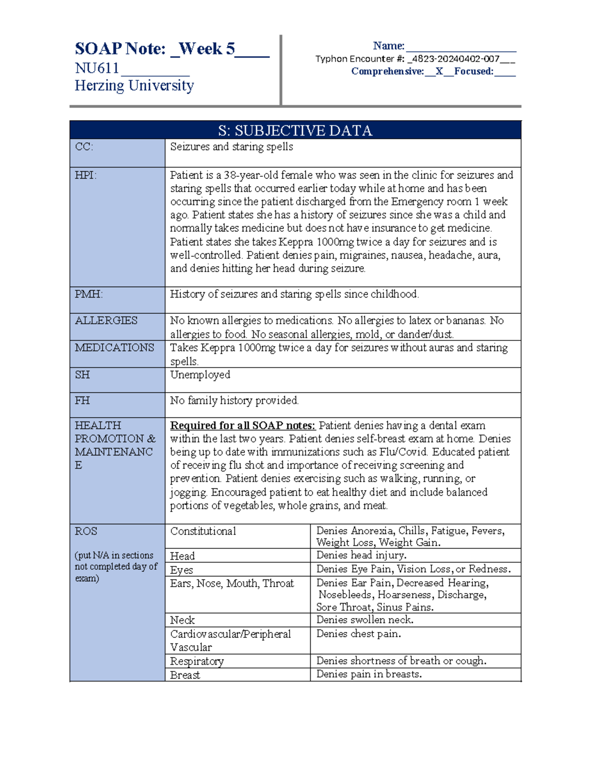 Week5 - Soap Note - SOAP Note: Week 5___ NU611_________ Herzing ...