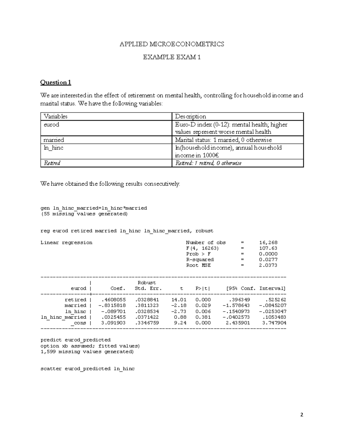 **Title: APPLIED MICROECONOMETRICS: Example Exam 1 with Solutions ...