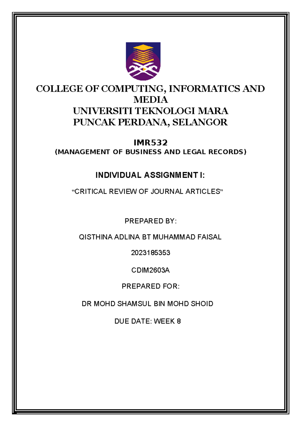 IMR533 Critical Review of Journal Articles on Archival Materials - Studocu
