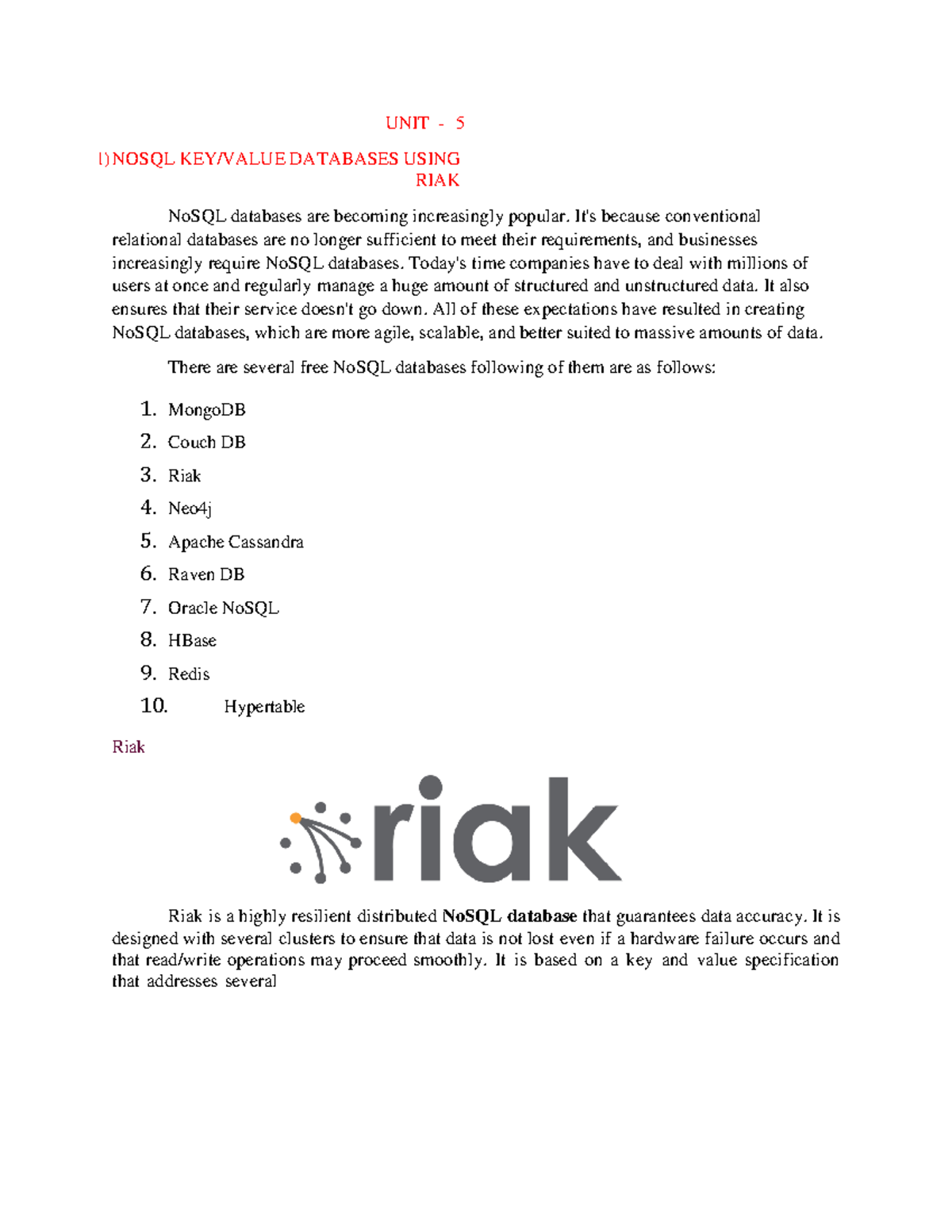 NOSQL CSD 5: Key-Value Databases & Riak Overview Notes - Studocu