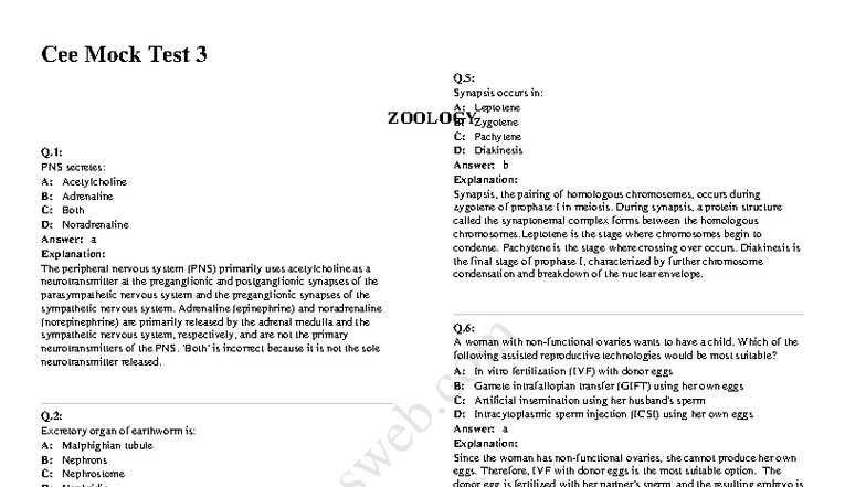 Cee Mock Test 3 - i need files - Cee Mock Test 3 ZOOLOGY Q: PNS ...