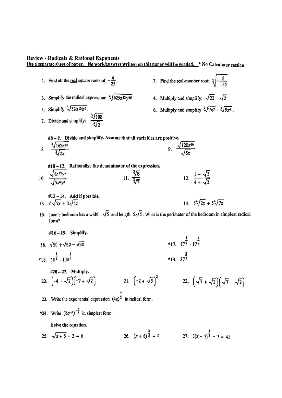 Review of Radicals & Rational Exponents - Math 101 Final Exam - Studocu
