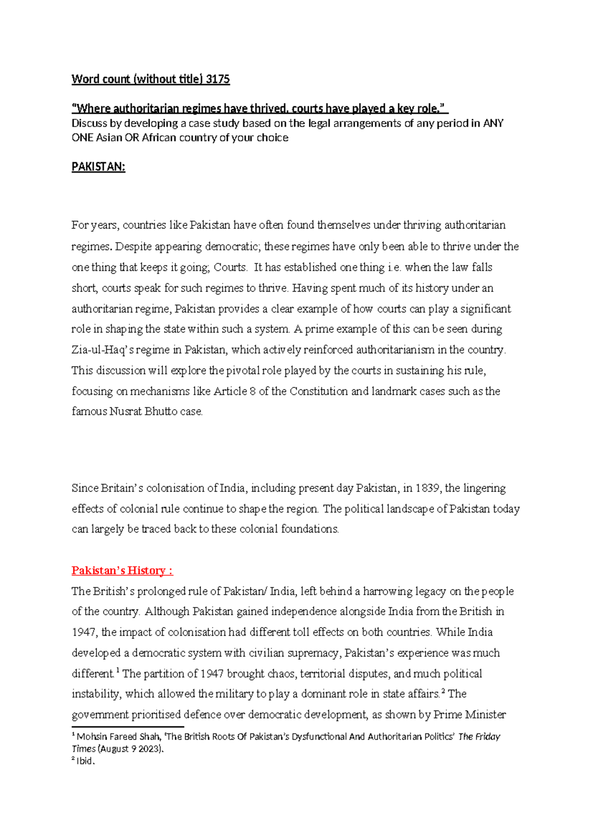 LSAA 2.1 AS2 Essay: Courts' Role in Authoritarianism in Pakistan - Studocu