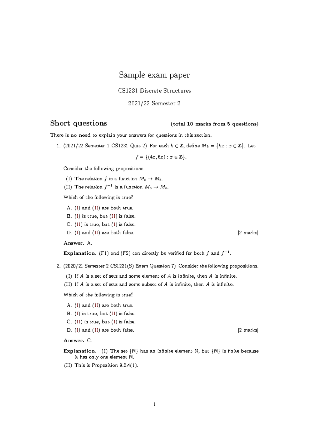 Exam Solutions For Cs1231 Discrete Structures Semester 2 Short