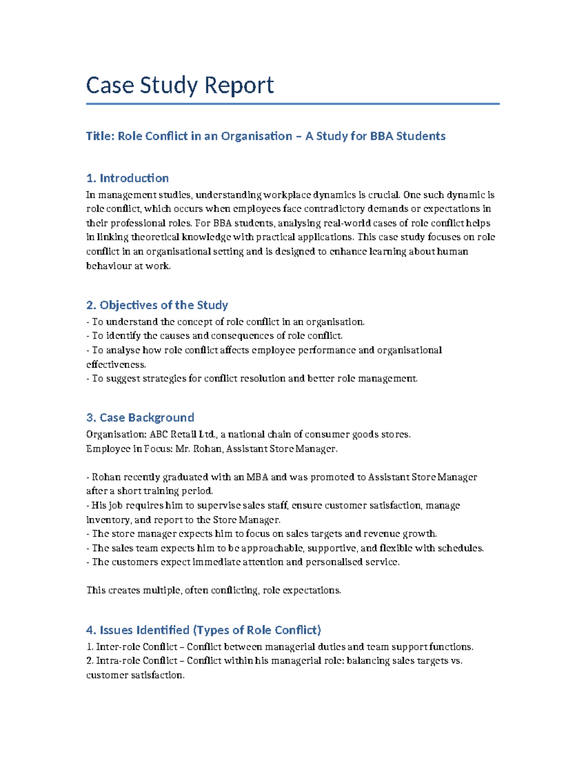 Case Study: Role Conflict in Organizations for BBA Students - Studocu