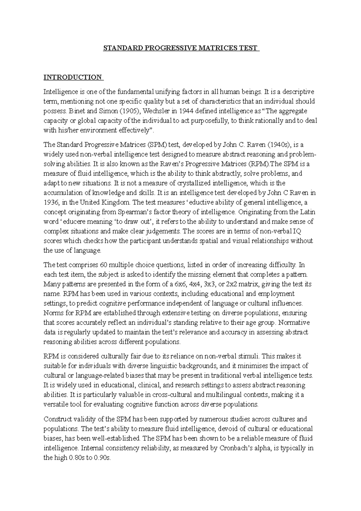 SPM Practical: Understanding the Standard Progressive Matrices Test ...
