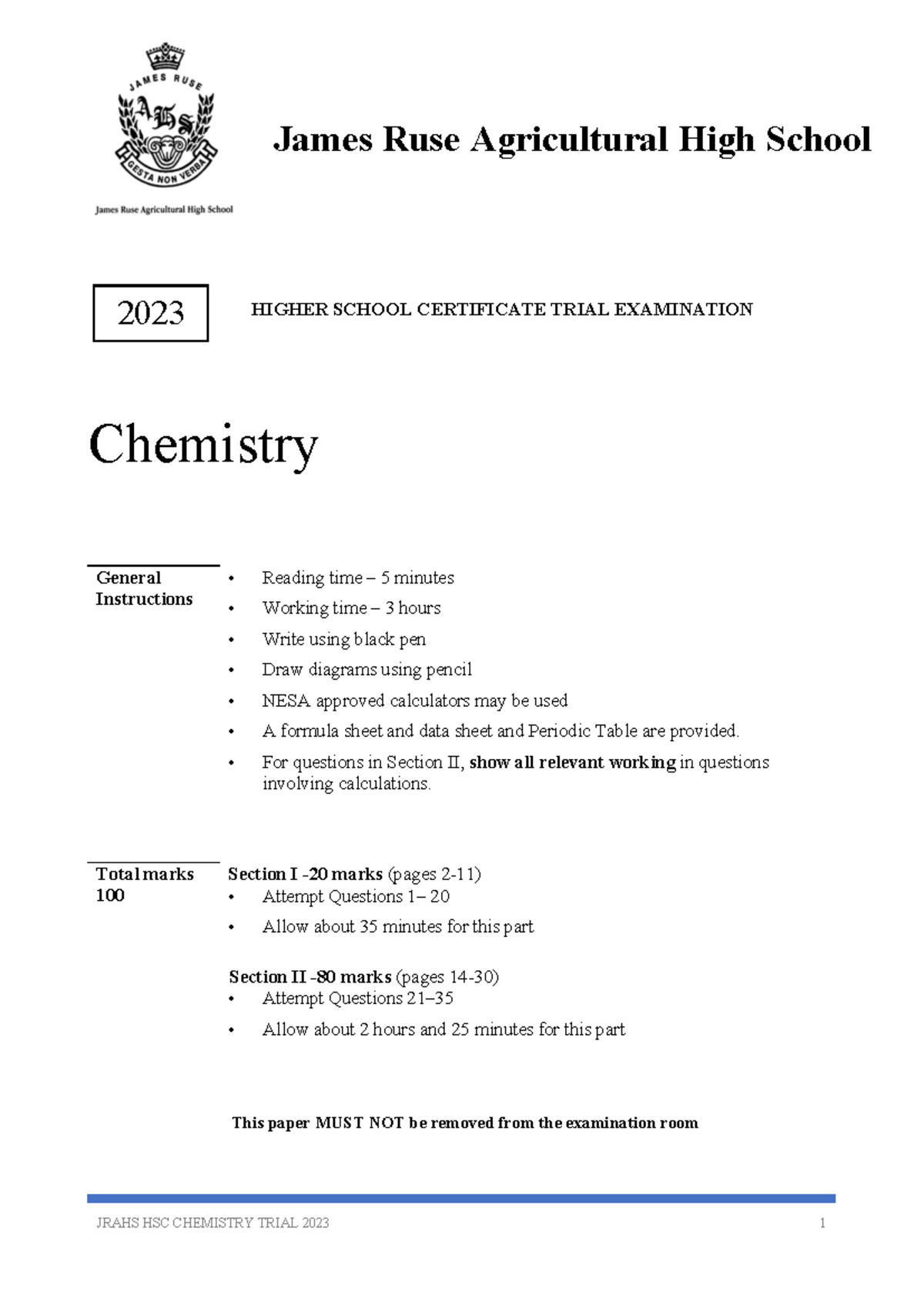 JRAHS HSC CHEMISTRY TRIALS 2023: Questions & Solutions - Studocu