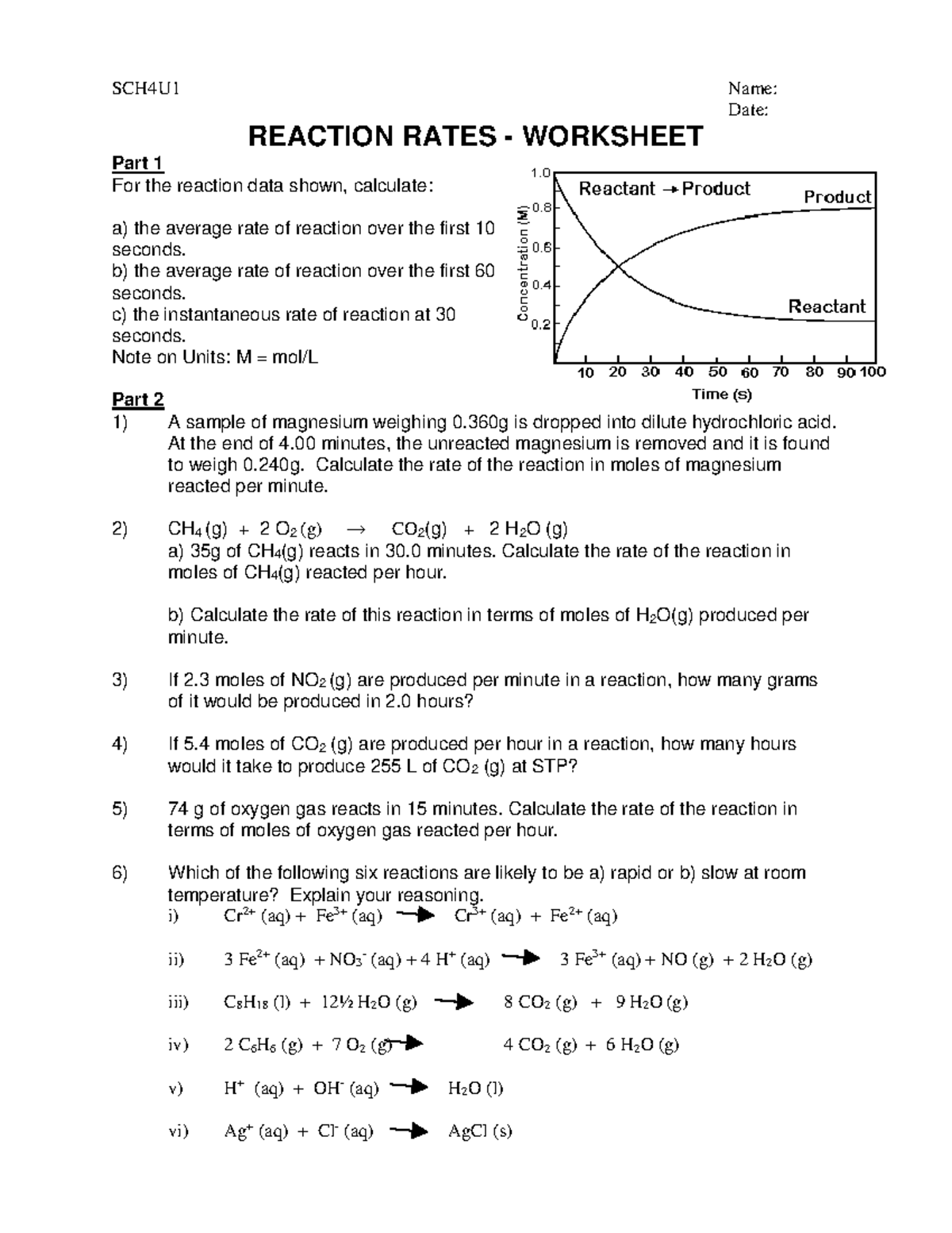 SCH4U1 Reaction Rates Worksheet: Calculations & Analysis - Studocu