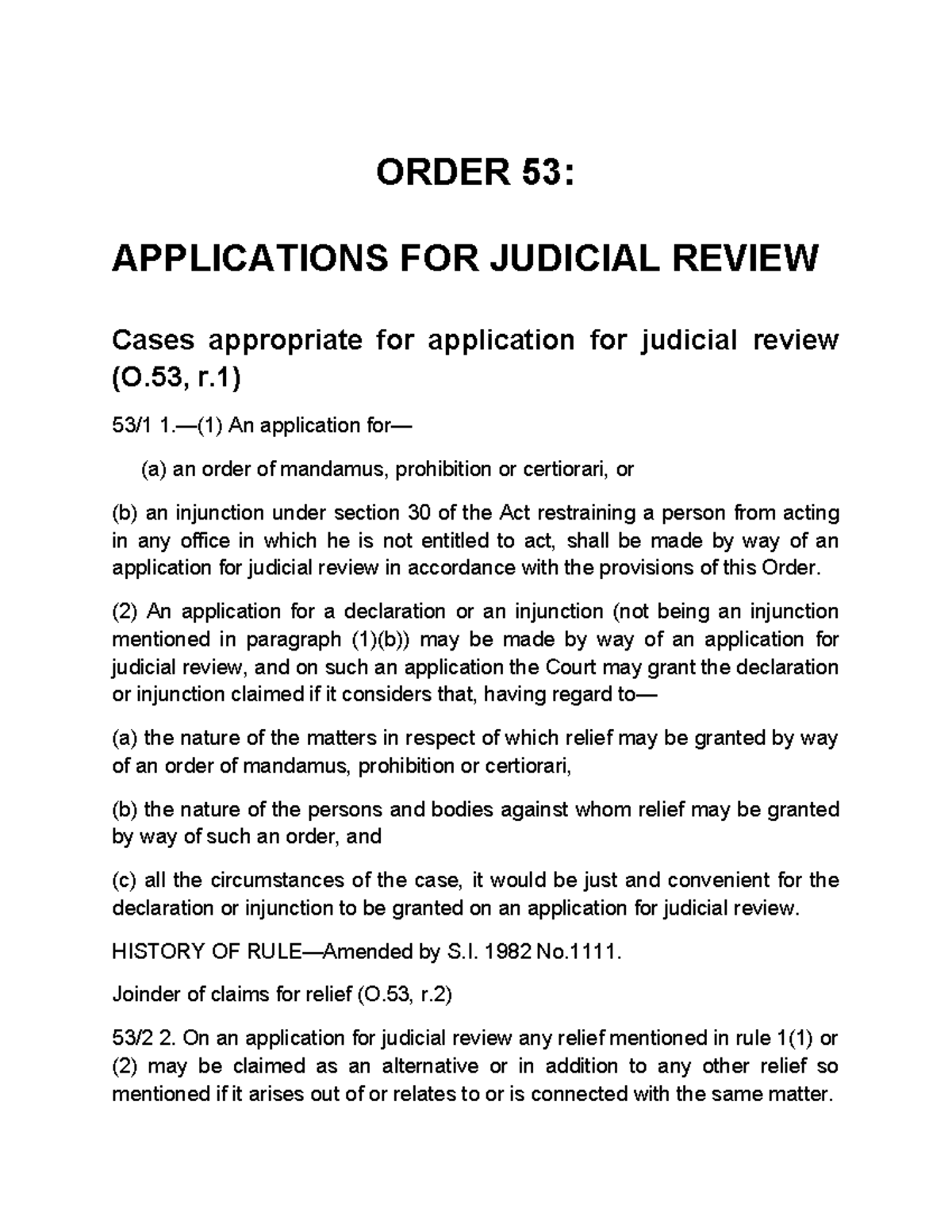 Order 53: Judicial Review Applications and Procedures - Studocu