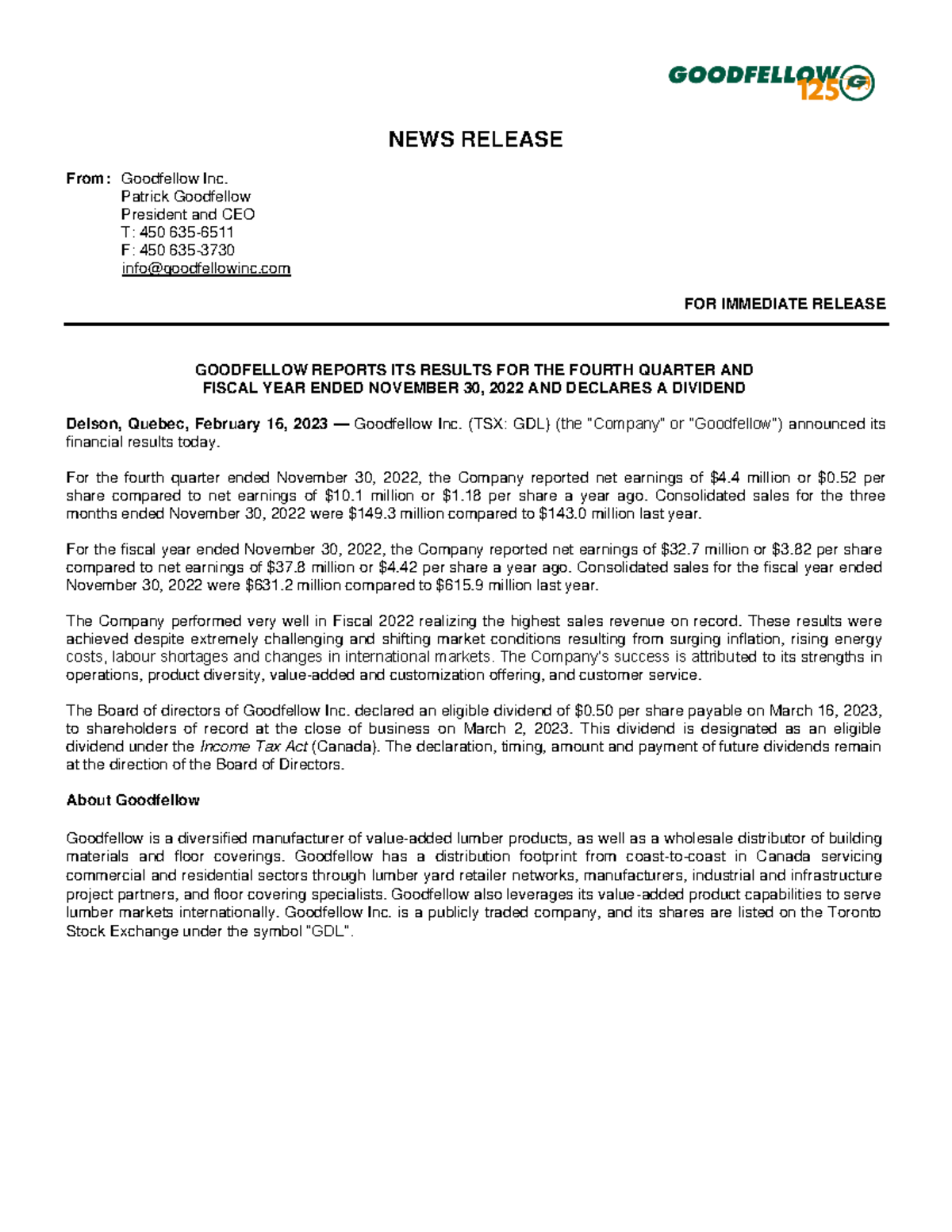 2023-02-16 Goodfellow Inc. FY22 Financial Results Press Release - Studocu