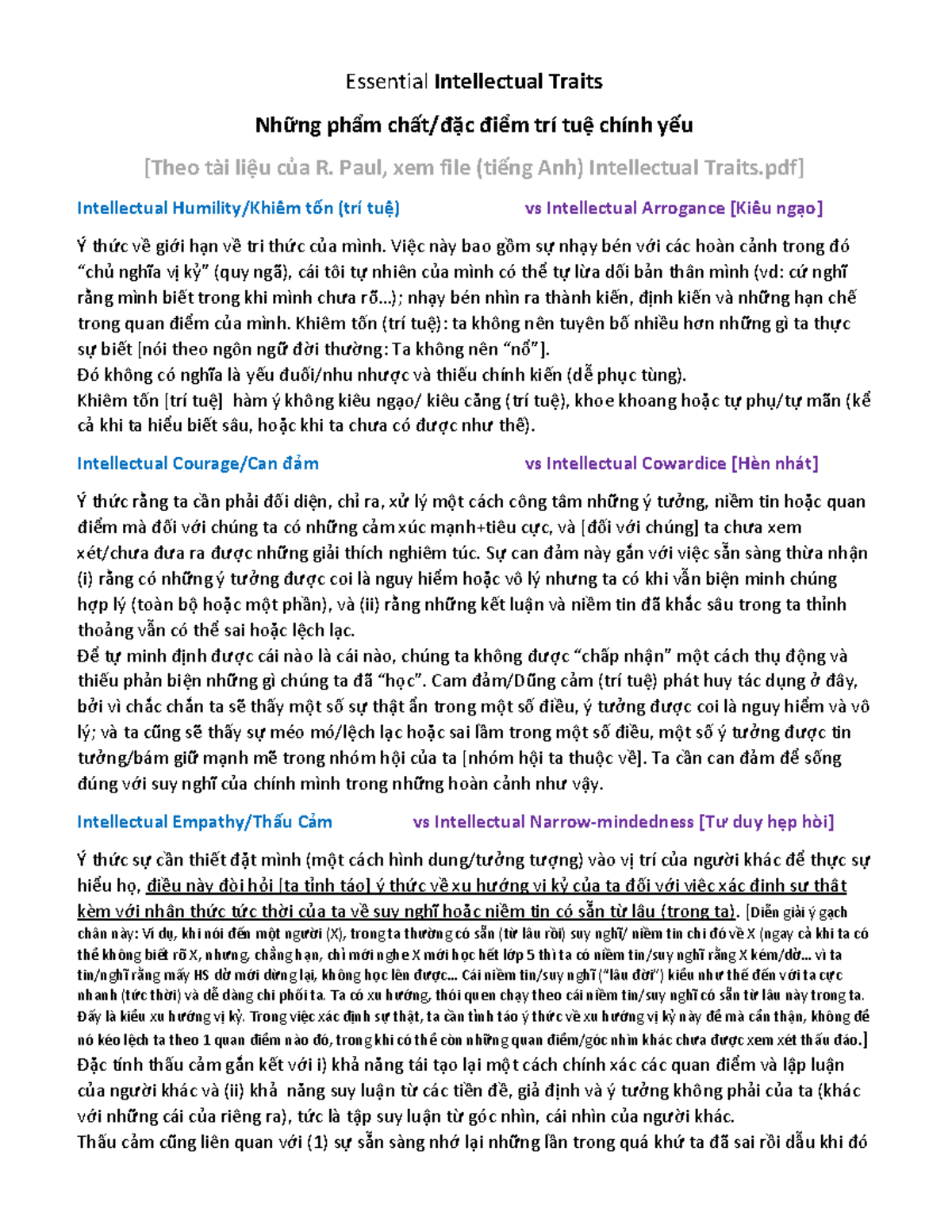 Essential Intellectual Traits - SH-CLC Overview and Analysis - Studocu