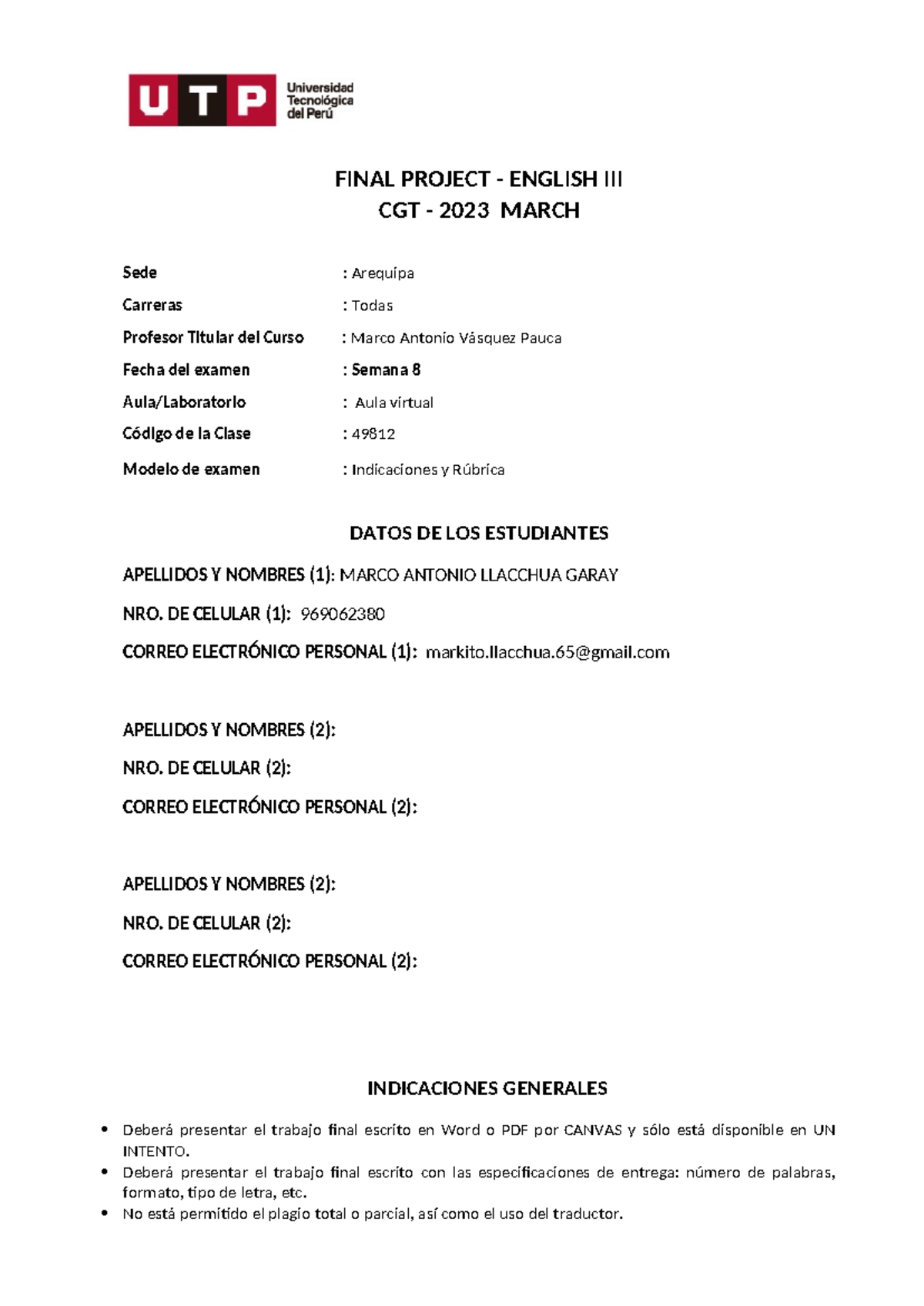 (ACV-S08) Week 08 - English III Final Project Guidelines - Studocu
