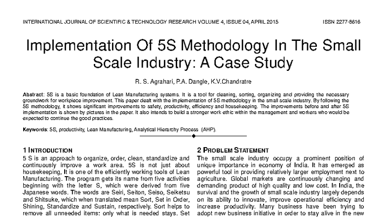 Implementation of 5S Methodology in Small Scale Industry: A Case Study ...