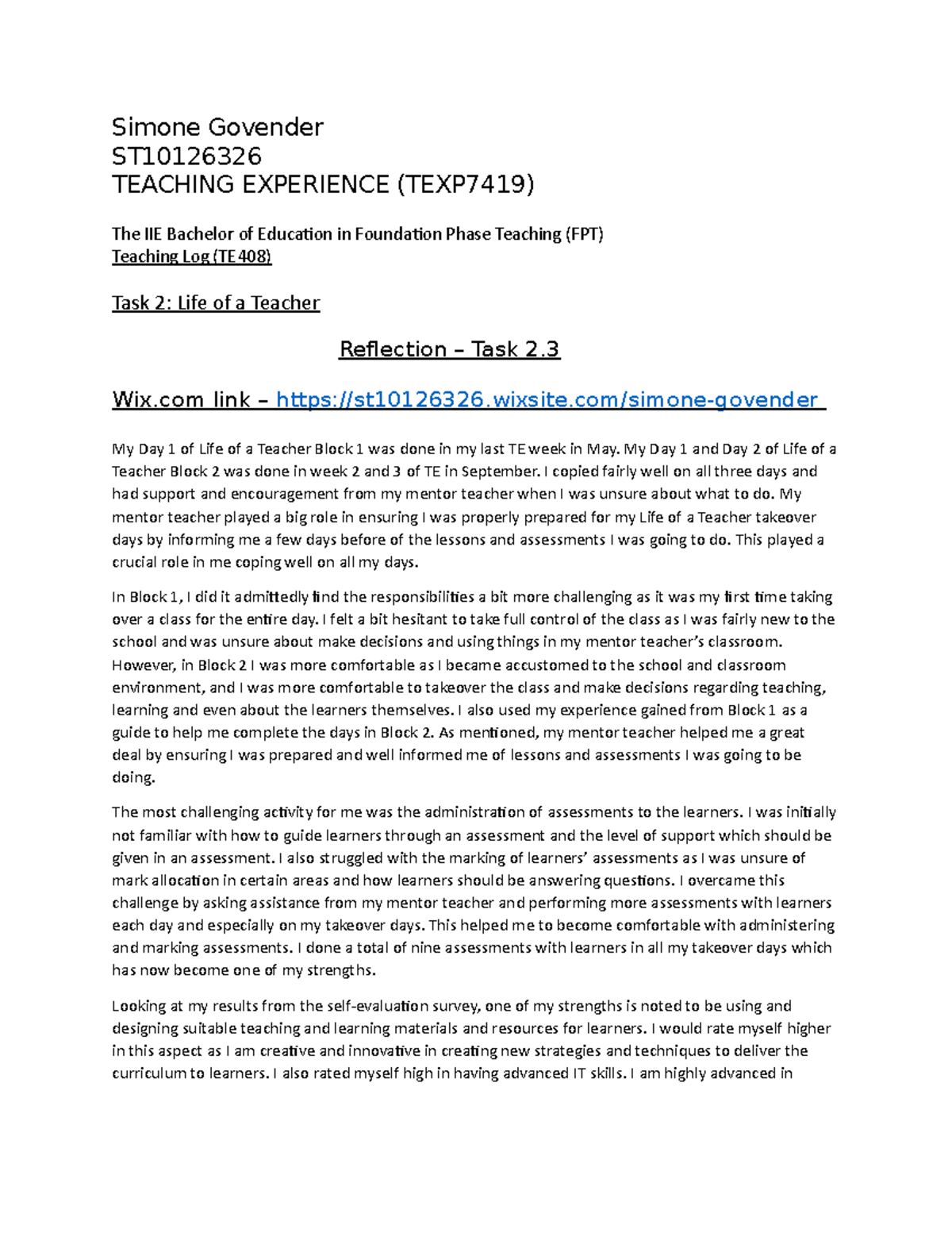 Reflection on Teaching Experience: Life of a Teacher (TEXP7419) - Studocu