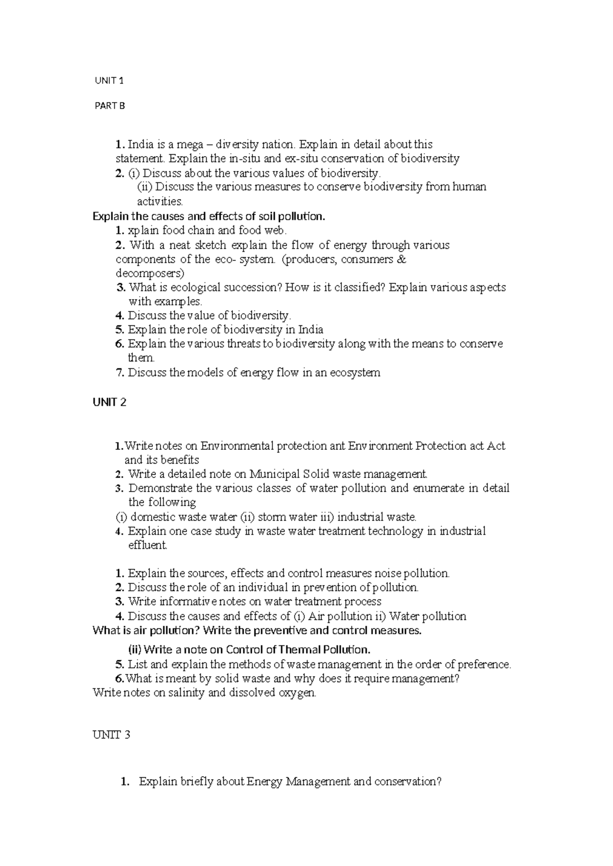 PART B Question BANK ESS - UNIT 1 PART B 1. India is a mega – diversity ...