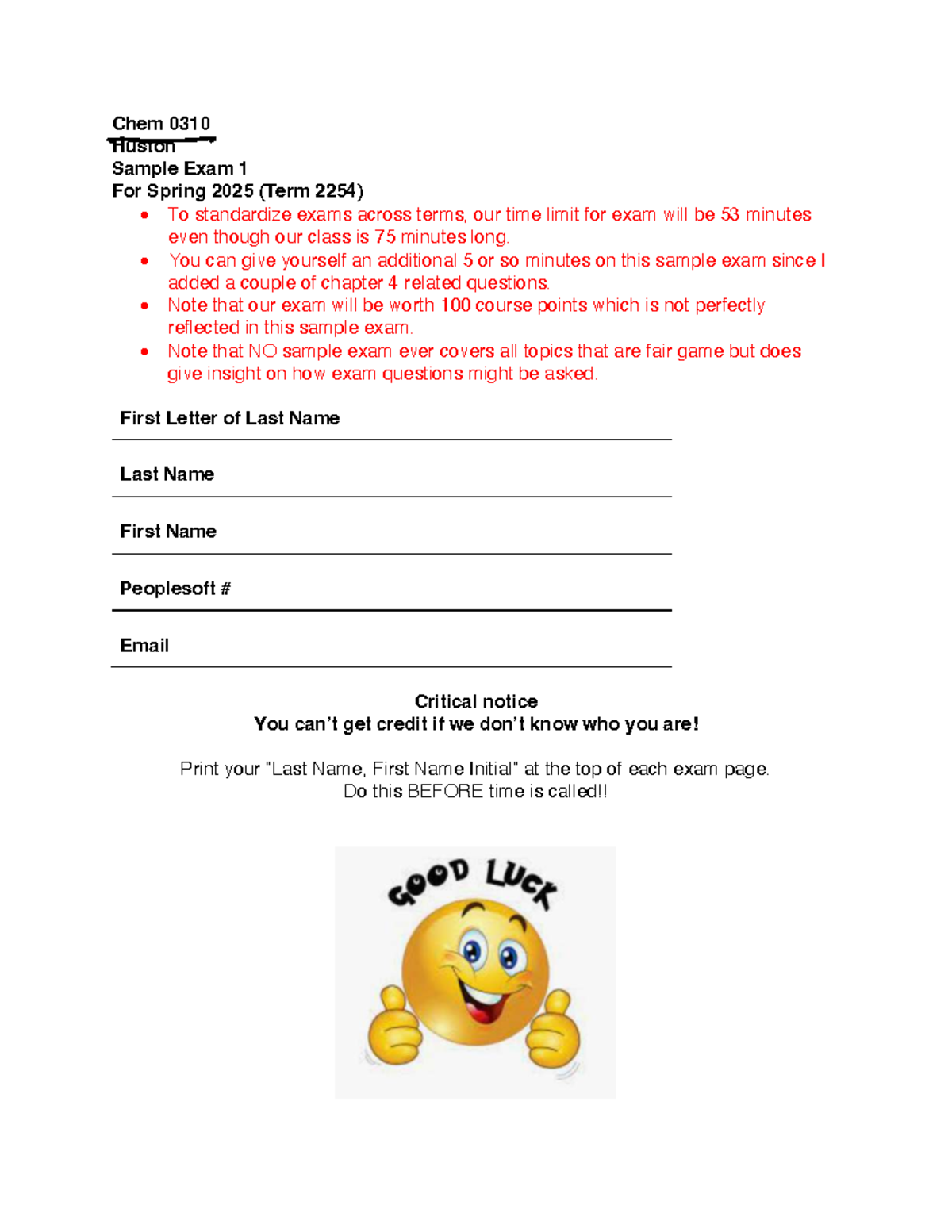 Chem 0310 Sample Exam 1 for Spring 2025 (Term 2254) - Studocu