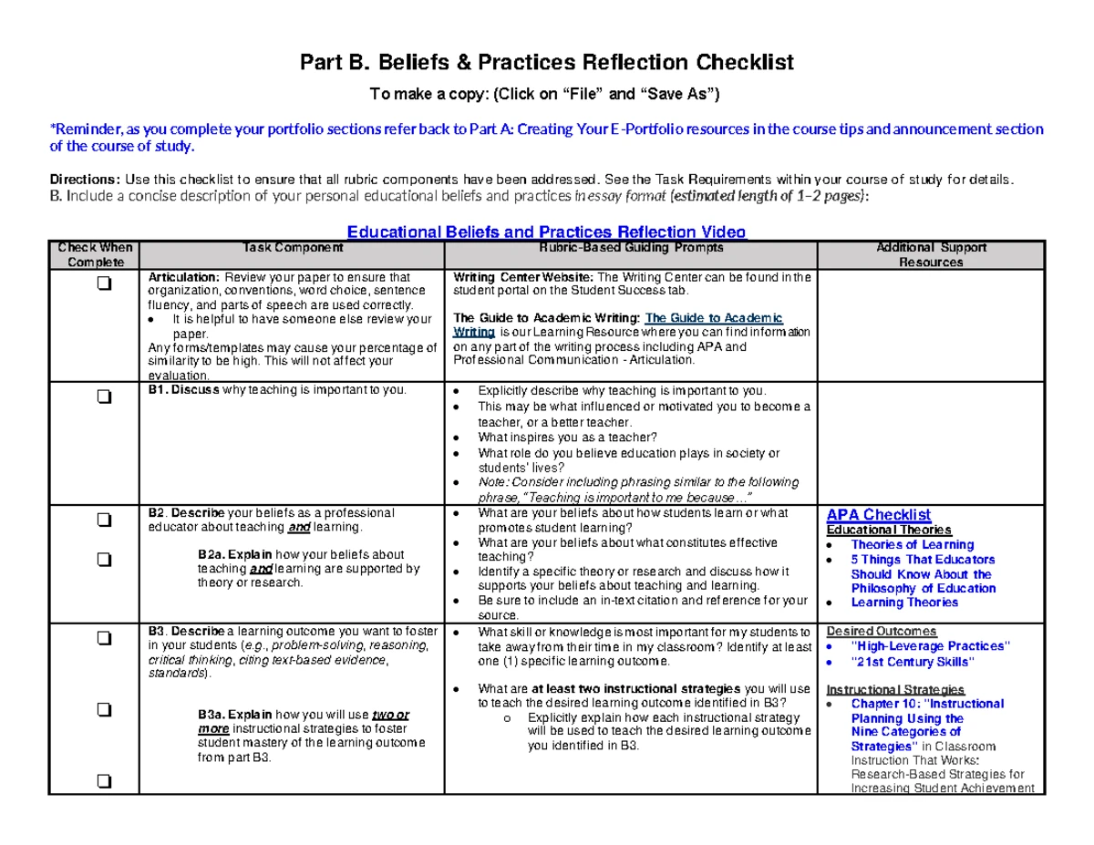 Part D: Professional Growth Reflection & Growth Plan Checklist - Studocu