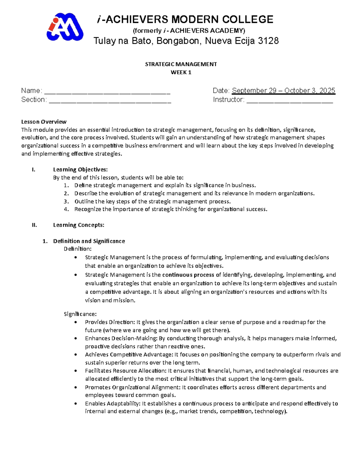 Strategic Management WEEK 1 Overview and Key Concepts - Studocu