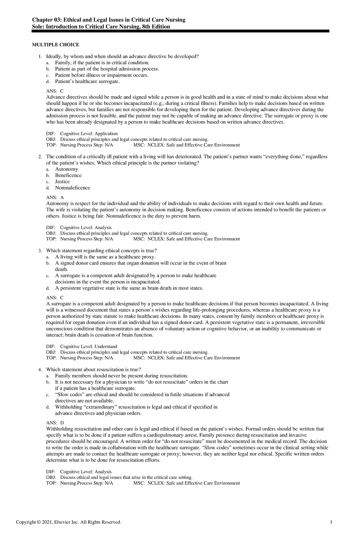 Exam View - Chapter 03 - Ethical & Legal Issues in Critical Care ...