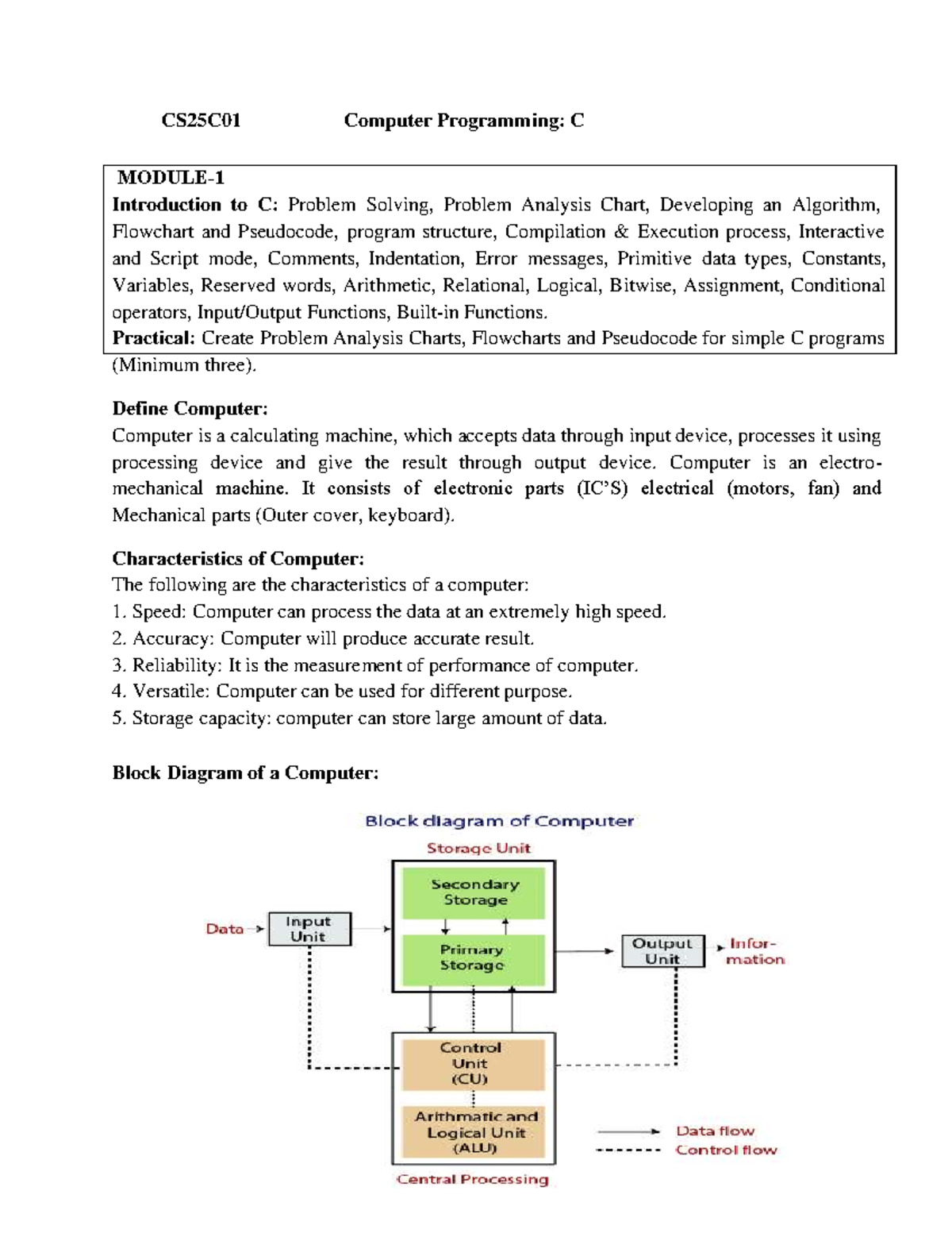 CS25C01 Computer Programming: C - Introductory Notes and Concepts - Studocu