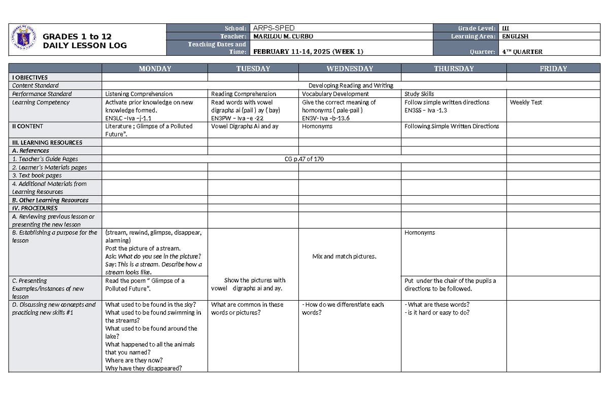 DLL English 3 Q4 W1 - GRADES 1 to 12 DAILY LESSON LOG School: ARPS-SPED ...