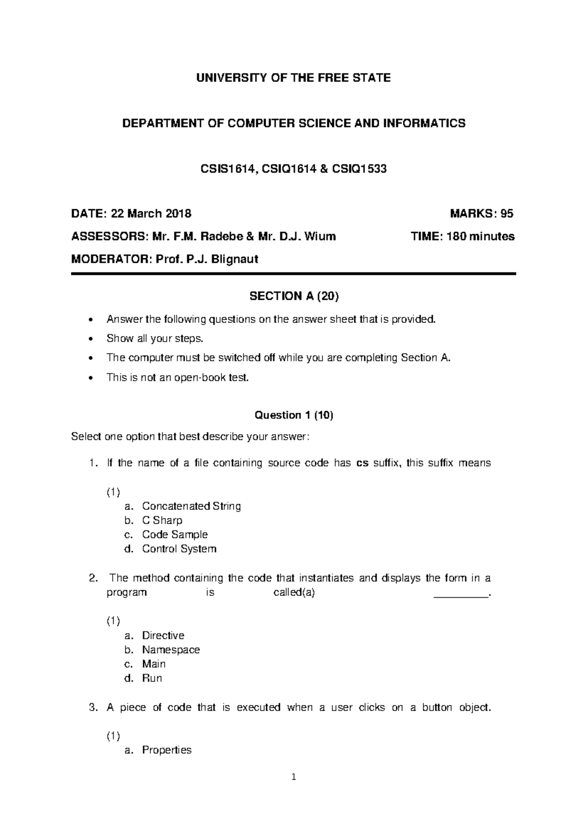 CSIS1614 2018 Test 1 - Computer Science Assessment - Studocu