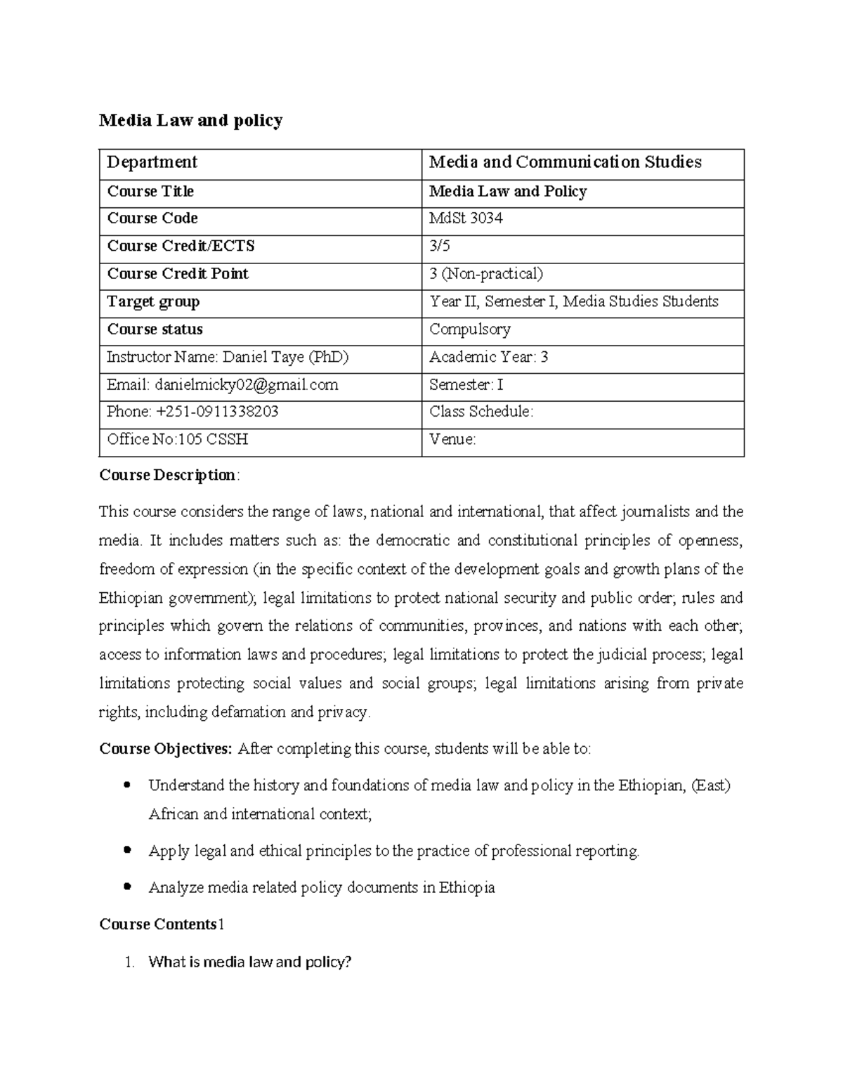 MdSt 3034: Comprehensive Course Outline on Media Law and Policy - Studocu