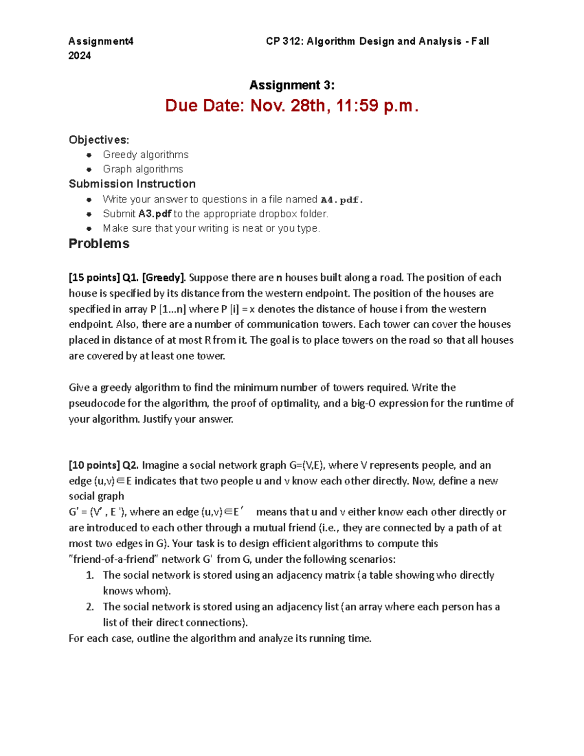 Assignment 4-CP312-Fall2024 - Assignment4 CP 312: Algorithm Design and ...