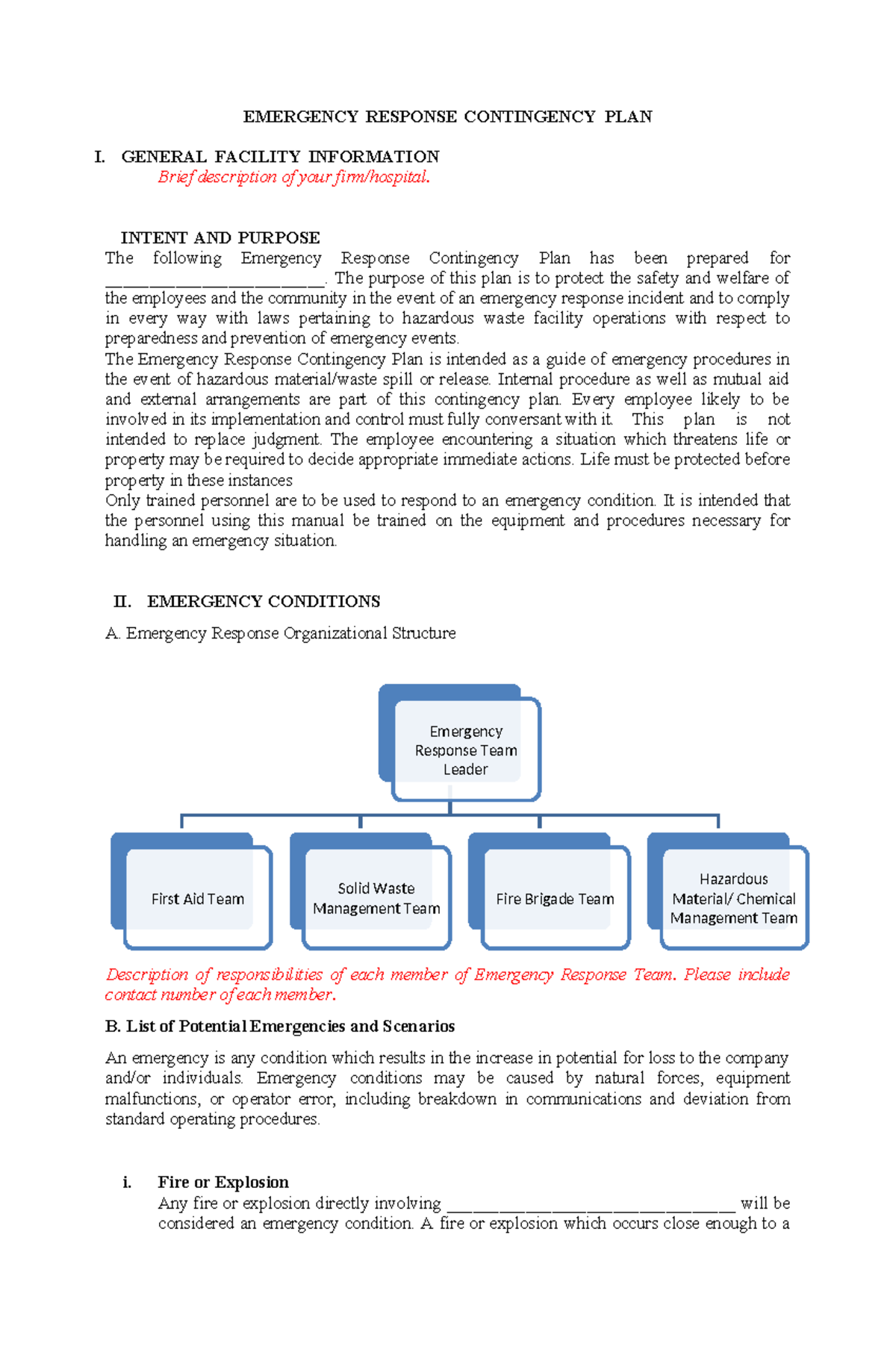 Emergency Response Contingency Plan Template for Hazardous Waste ...