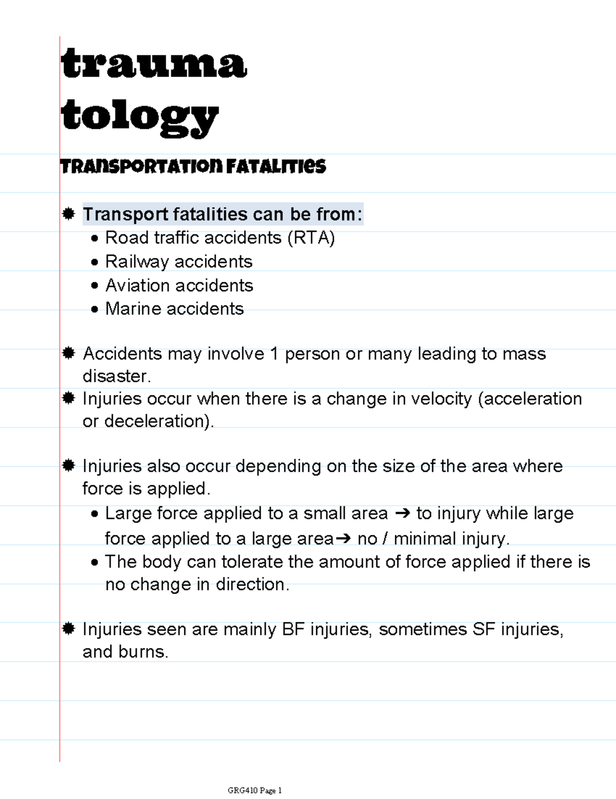 GRG410 Traumatology Study Notes: Transportation Fatalities Analysis ...