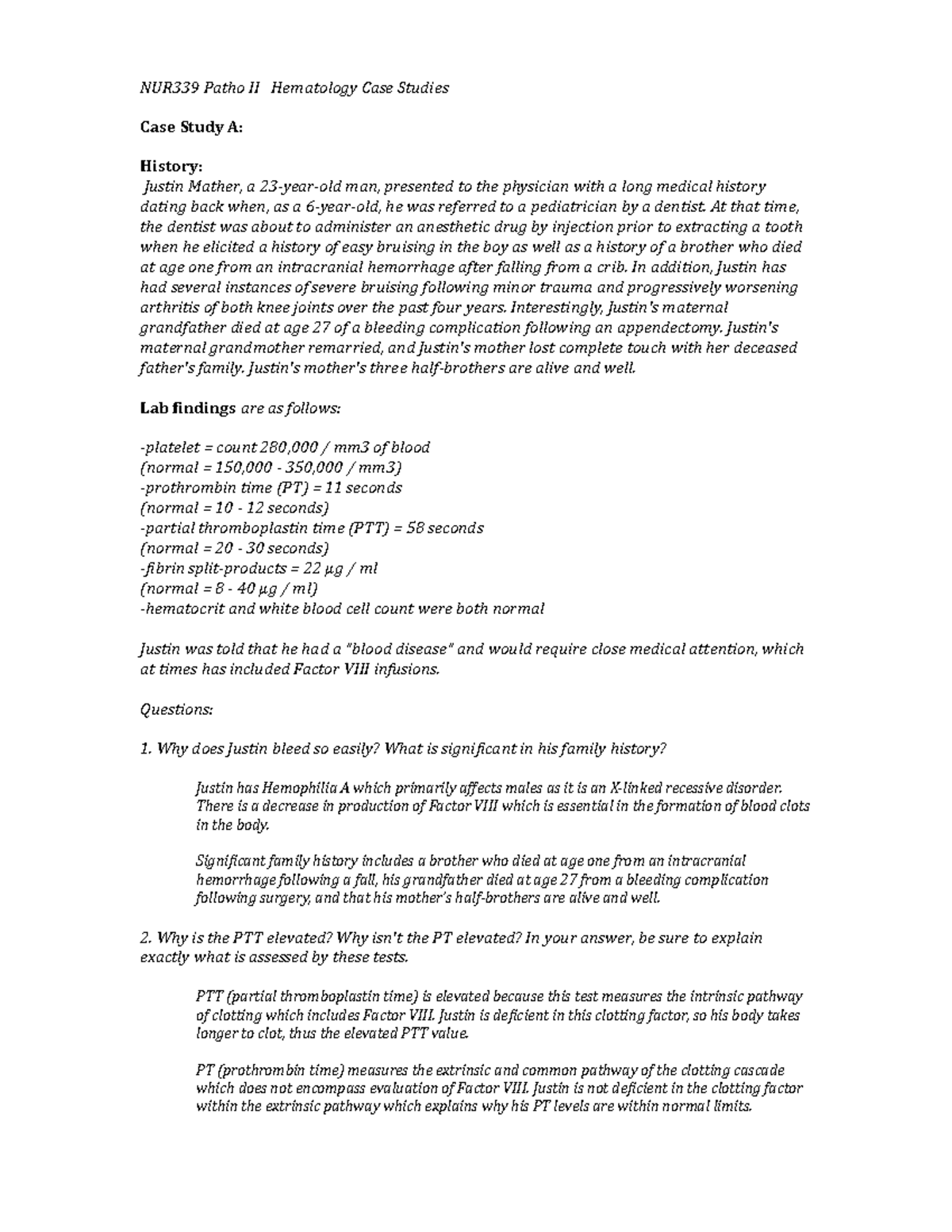 CTE 9 - Hematology - CTE 9 - NUR339 Patho II Hematology Case Studies ...