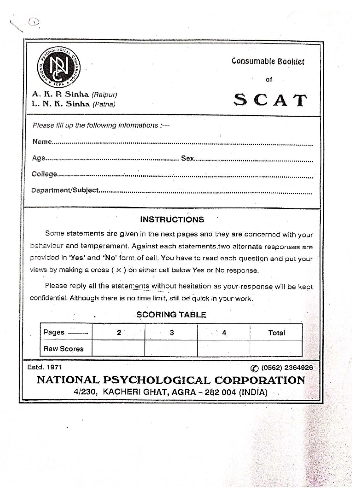 SCAT Manual for Psychological Practical: Comprehensive Anxiety Test ...